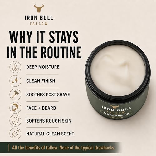Iron Bull Beef Tallow Face Moisturizer for Men. Anti-Aging With Hyaluronic Acid for Wrinkles. Grass-Fed Beef Tallow Skin Balm & Jojoba Oil for All Skin Types. Natural Formula With a Clean Scent - 2oz