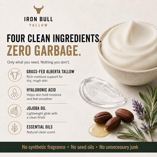 Iron Bull Beef Tallow Face Moisturizer for Men. Anti-Aging With Hyaluronic Acid for Wrinkles. Grass-Fed Beef Tallow Skin Balm & Jojoba Oil for All Skin Types. Natural Formula With a Clean Scent - 2oz