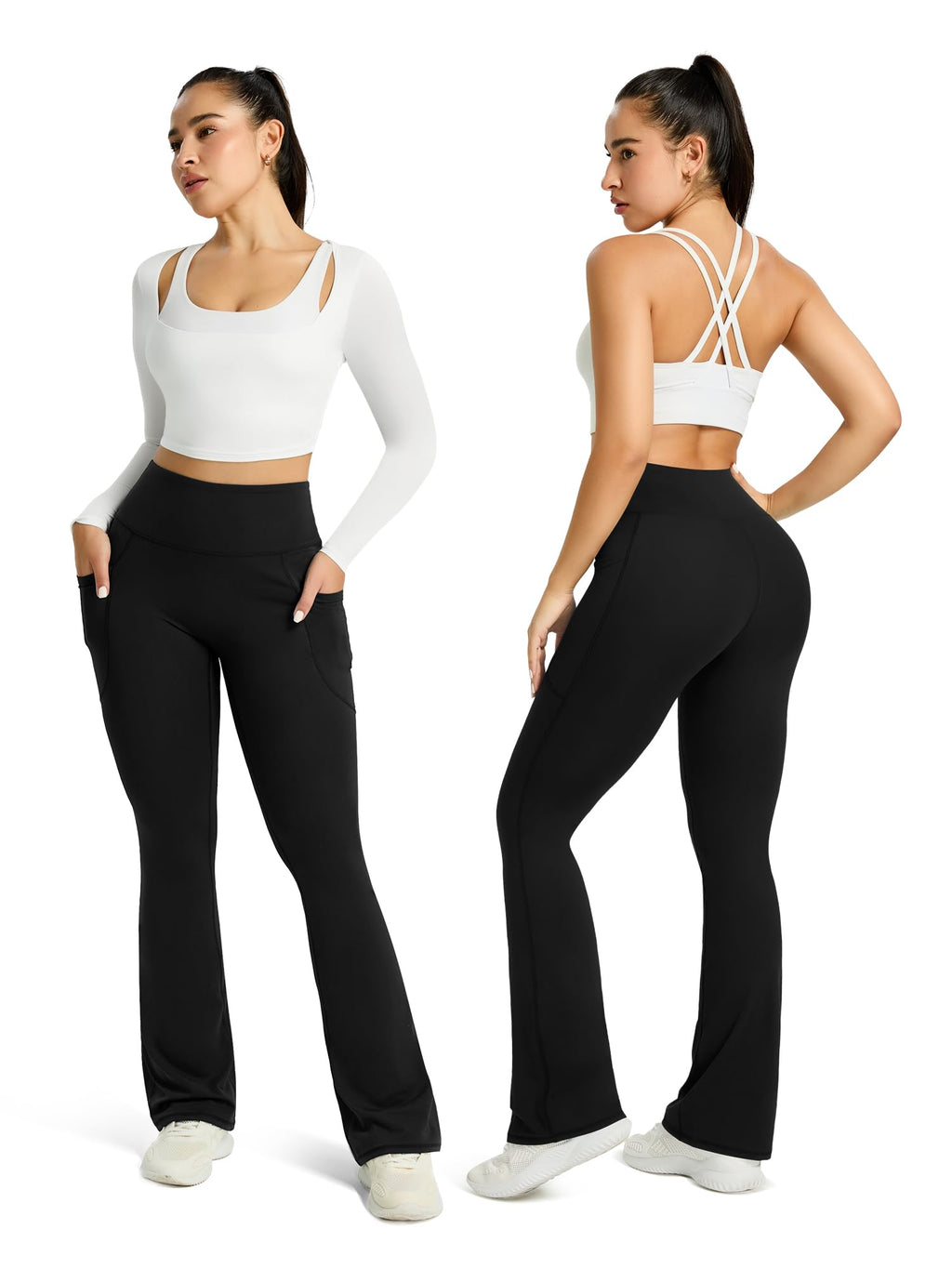PRETISKY Womens Flared Yoga Pants with Pockets, High Waisted Flare Leggings Bell Bottom Bootcut Yoga Dress Pants