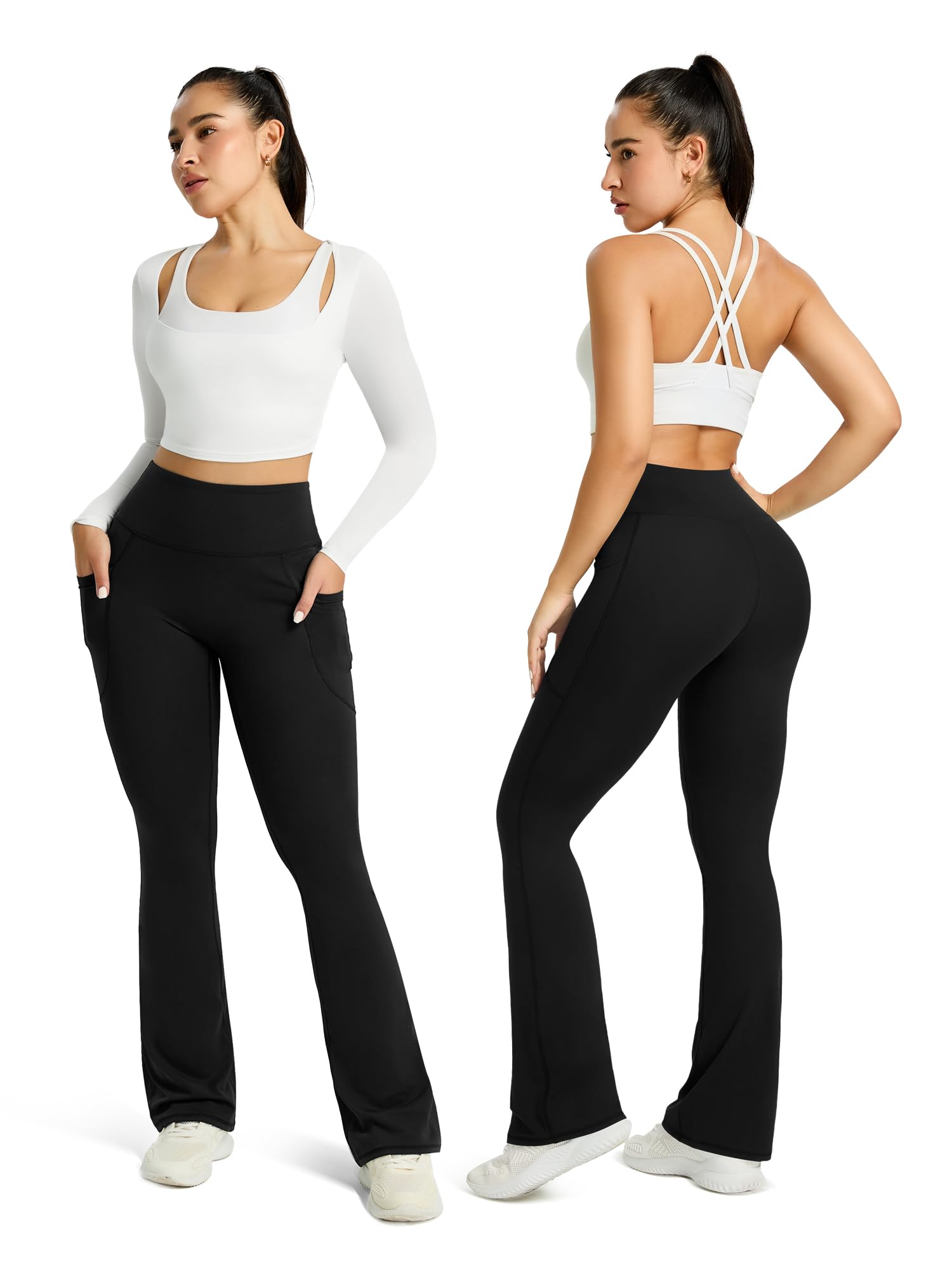 PRETISKY Womens Flared Yoga Pants with Pockets, High Waisted Flare Leggings Bell Bottom Bootcut Yoga Dress Pants