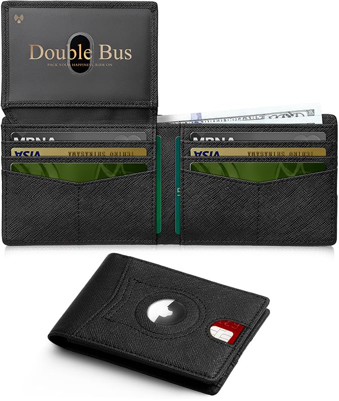 Double Bus Wallet for Men Slim RFID Blocking Bifold Carbon Fiber,Minimalist Small Compact Front Pocket Credit Card Holder,Thin Mens Leather Wallets Smart Security With 2 ID windows 1 Cash