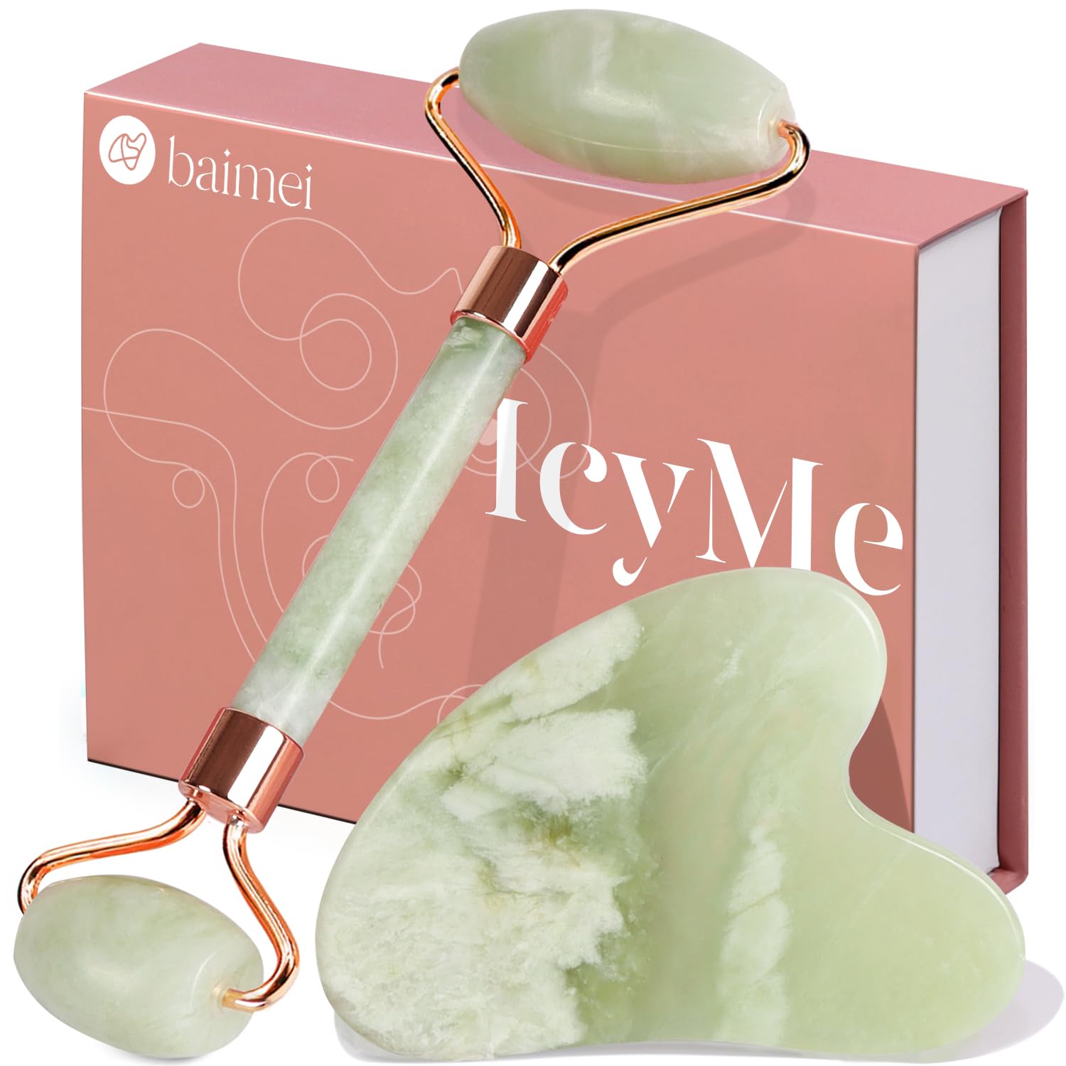 BAIMEI Jade Roller and Gua Sha Set Face Roller and Gua Sha Facial Tools for Skin Care Routine and Puffiness