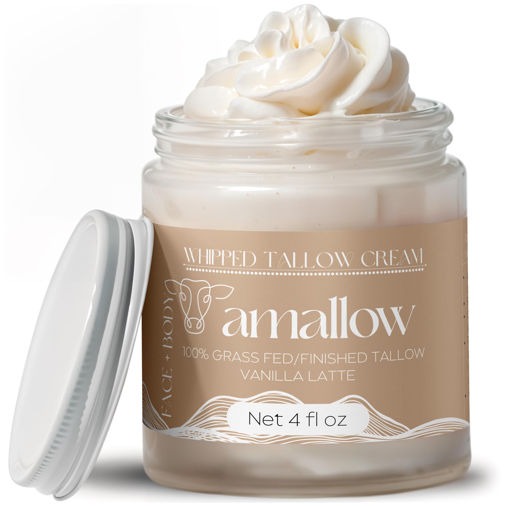 Amallow 100% Grass Fed Beef Tallow for Skin Care - Face + Body - Whipped Moisturizer - Natural Lotion, 4 FL. oz.