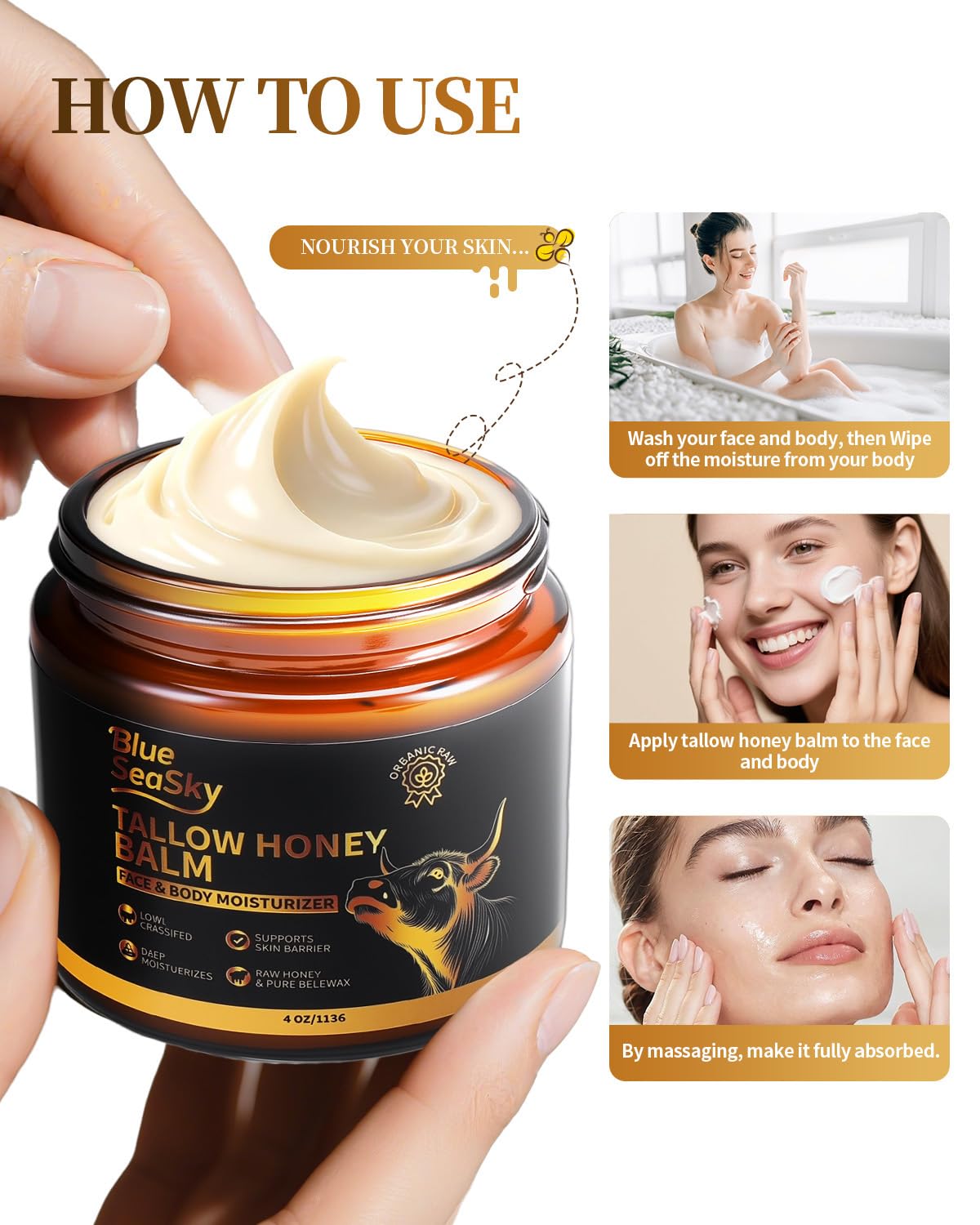 Whipped Beef Tallow for Skin Grass Fed Tallow Balm with Raw Honey,Unscented Face & Body Tallow Moisturizer for Dry Sensitive Skin,Eczema & Rosacea Relief,Non-Comedogenic,Fast Absorbing Skin Care(4oz)