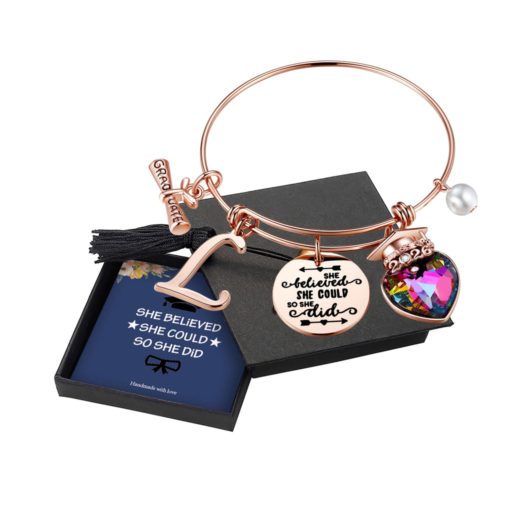 Yoosteel 2026 Graduation Gifts, Engraved Inspirational Initial Charm Bracelets She Believed She Could Bracelet College Graduation Gifts 2026 for Her Women