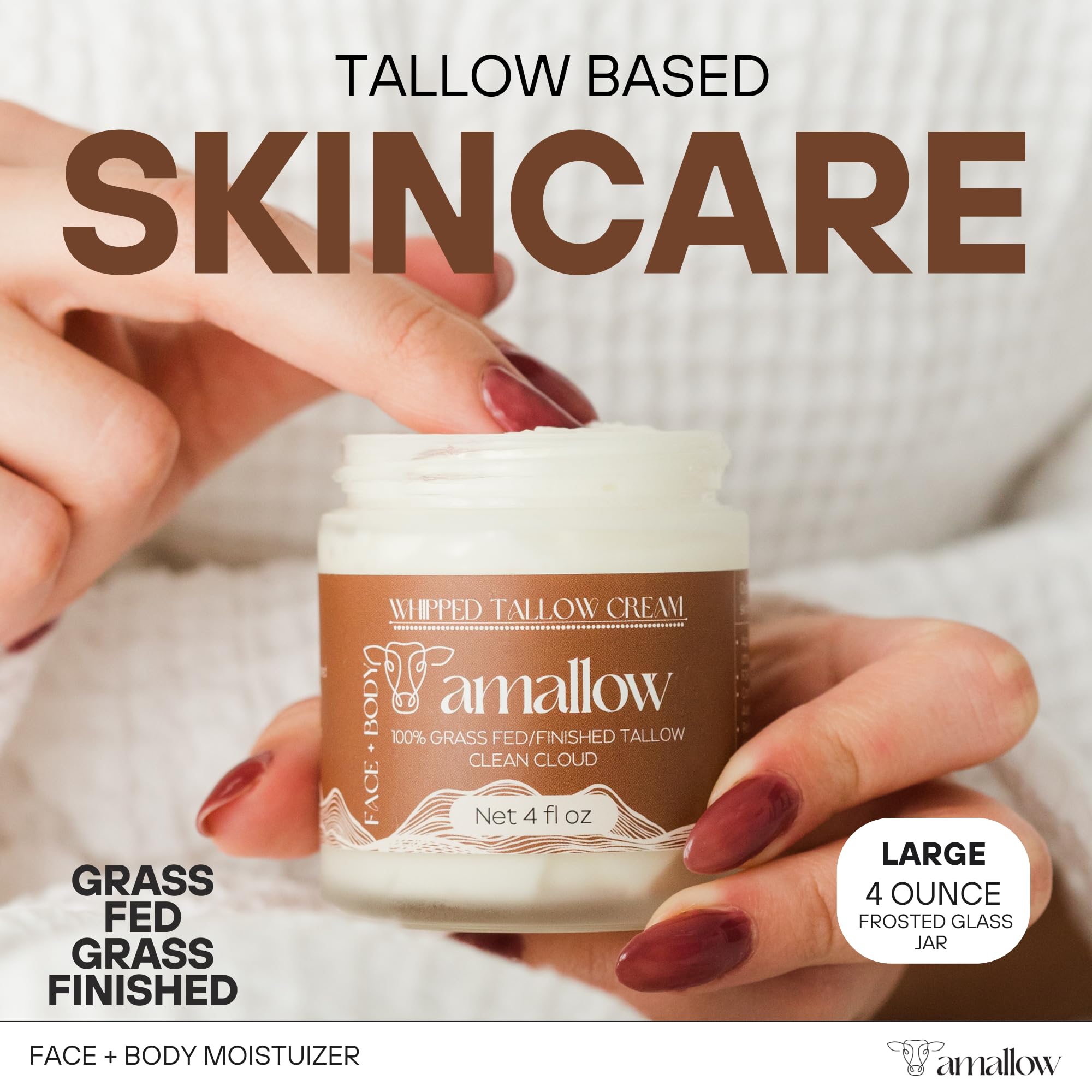 Amallow 100% Grass Fed Beef Tallow for Skin Care - Face + Body - Whipped Moisturizer - Natural Lotion, 4 FL. oz.