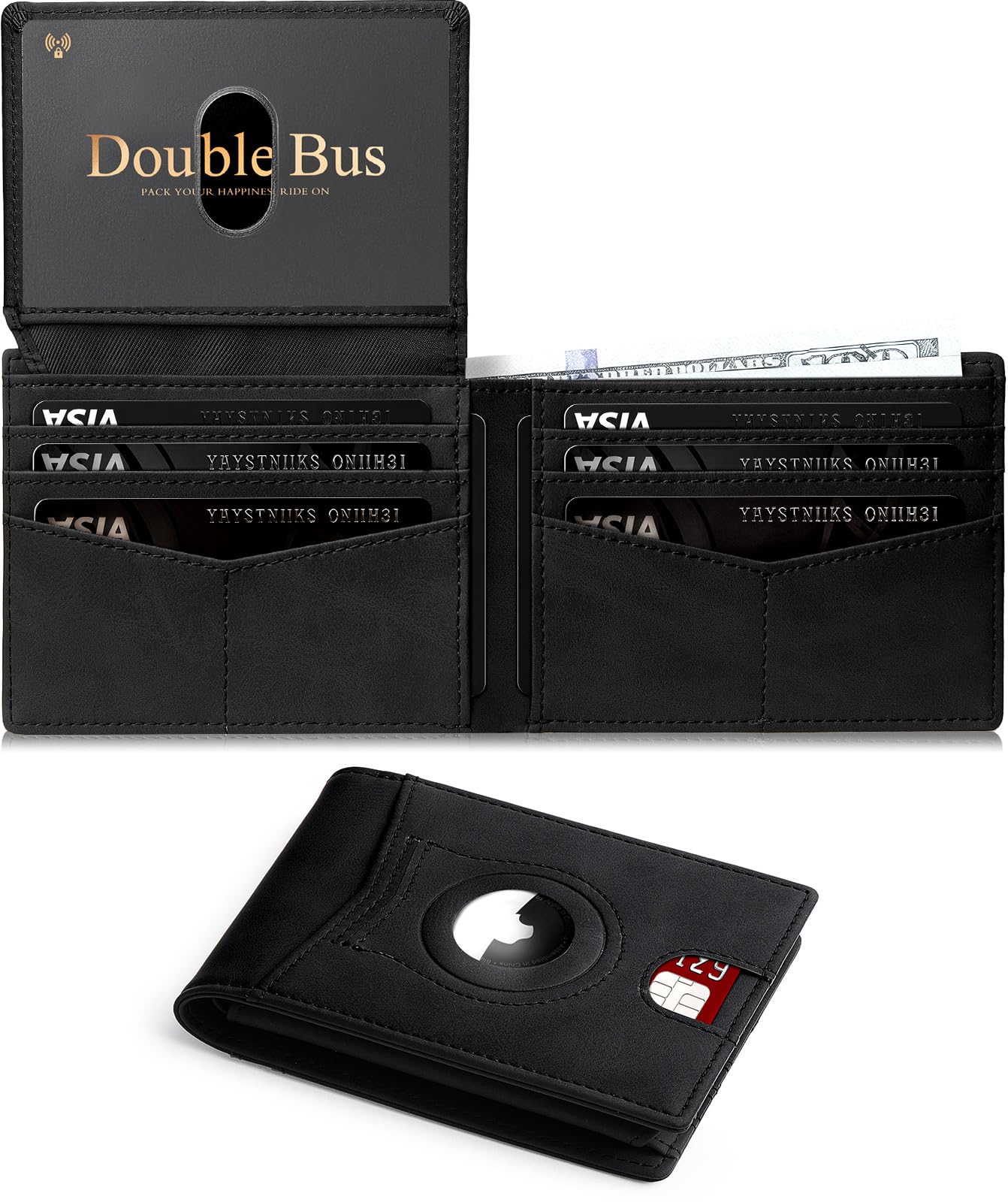 Double Bus Wallet for Men Slim RFID Blocking Bifold Carbon Fiber,Minimalist Small Compact Front Pocket Credit Card Holder,Thin Mens Leather Wallets Smart Security With 2 ID windows 1 Cash