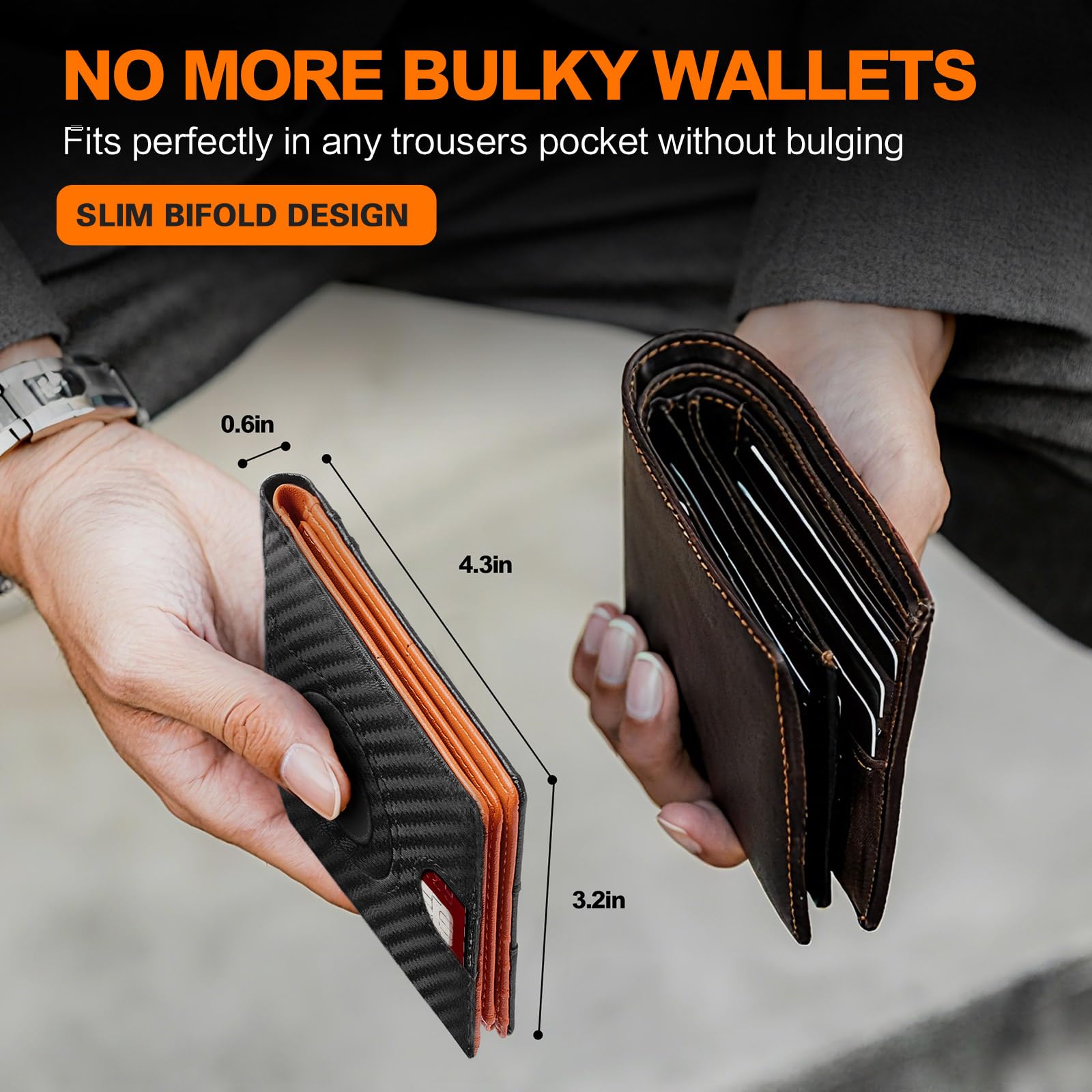Double Bus Wallet for Men Slim RFID Blocking Bifold Carbon Fiber,Minimalist Small Compact Front Pocket Credit Card Holder,Thin Mens Leather Wallets Smart Security With 2 ID windows 1 Cash