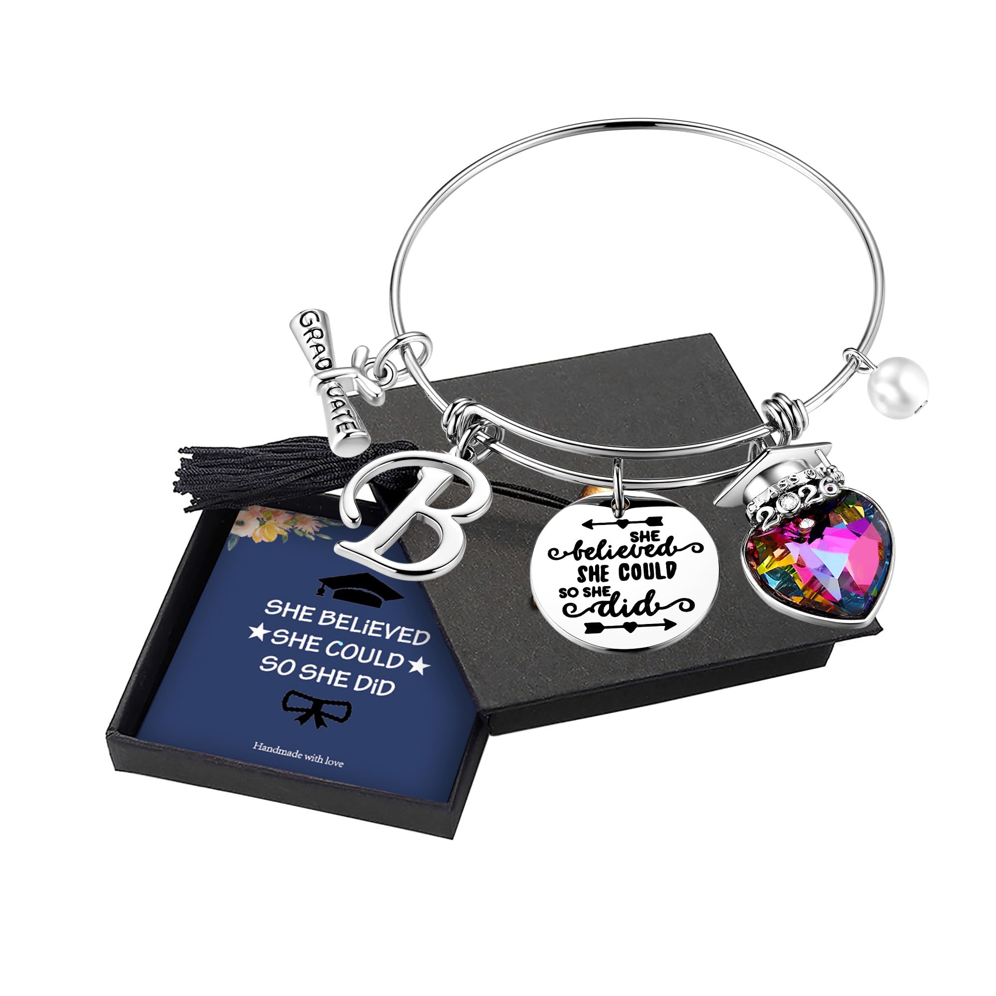 Yoosteel 2026 Graduation Gifts, Engraved Inspirational Initial Charm Bracelets She Believed She Could Bracelet College Graduation Gifts 2026 for Her Women