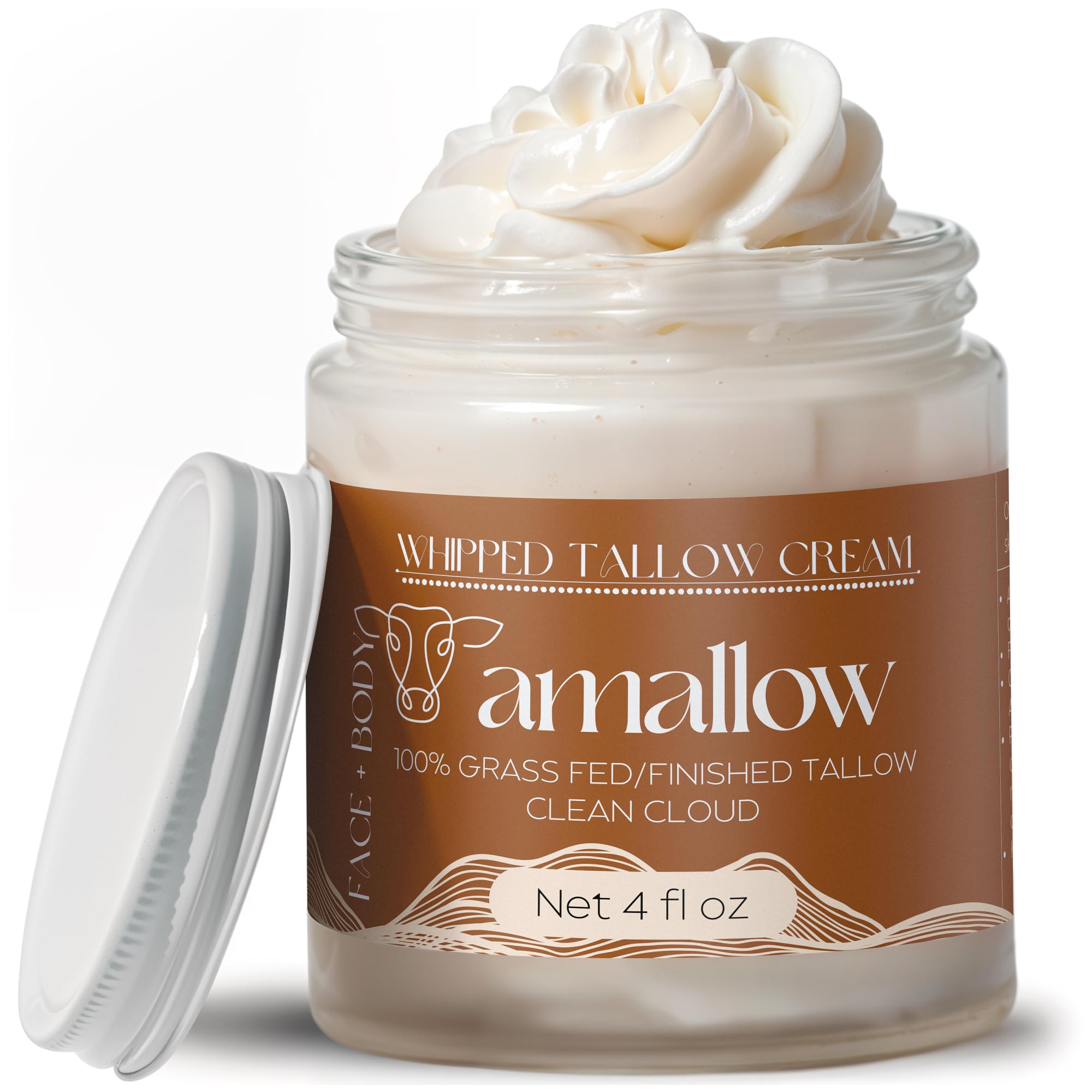 Amallow 100% Grass Fed Beef Tallow for Skin Care - Face + Body - Whipped Moisturizer - Natural Lotion, 4 FL. oz.