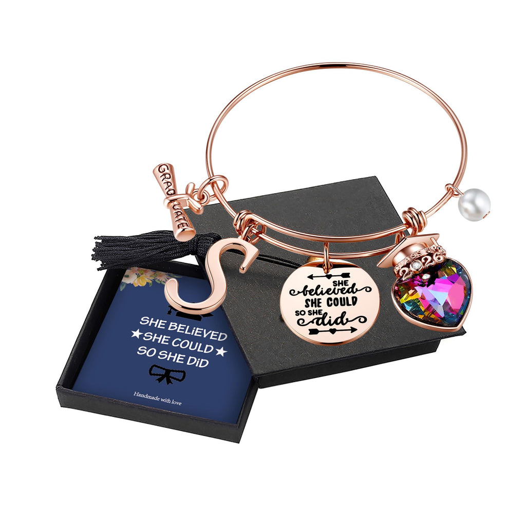 Yoosteel 2026 Graduation Gifts, Engraved Inspirational Initial Charm Bracelets She Believed She Could Bracelet College Graduation Gifts 2026 for Her Women