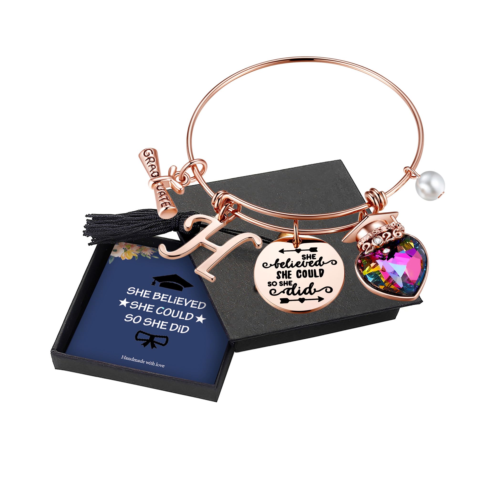 Yoosteel 2026 Graduation Gifts, Engraved Inspirational Initial Charm Bracelets She Believed She Could Bracelet College Graduation Gifts 2026 for Her Women