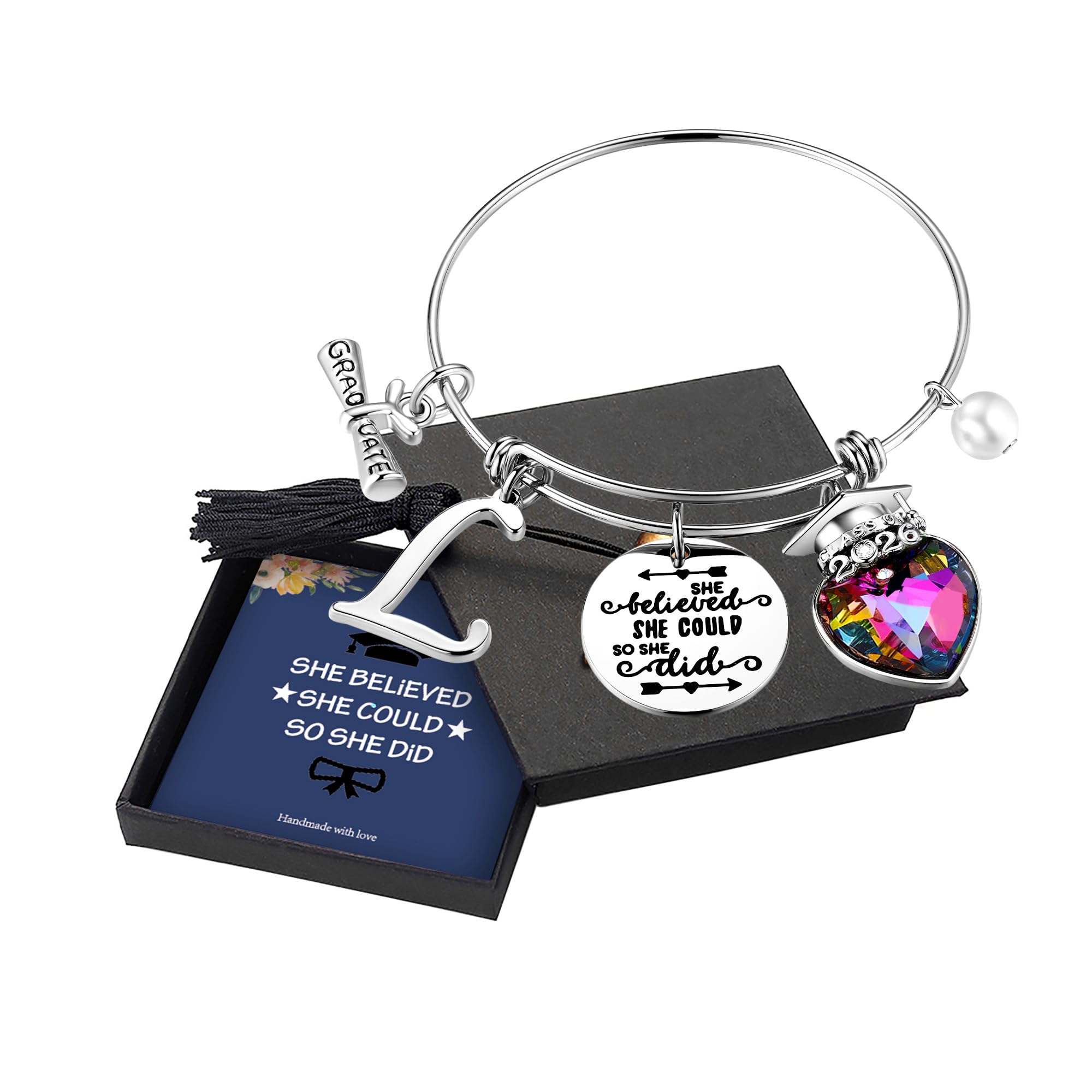 Yoosteel 2026 Graduation Gifts, Engraved Inspirational Initial Charm Bracelets She Believed She Could Bracelet College Graduation Gifts 2026 for Her Women