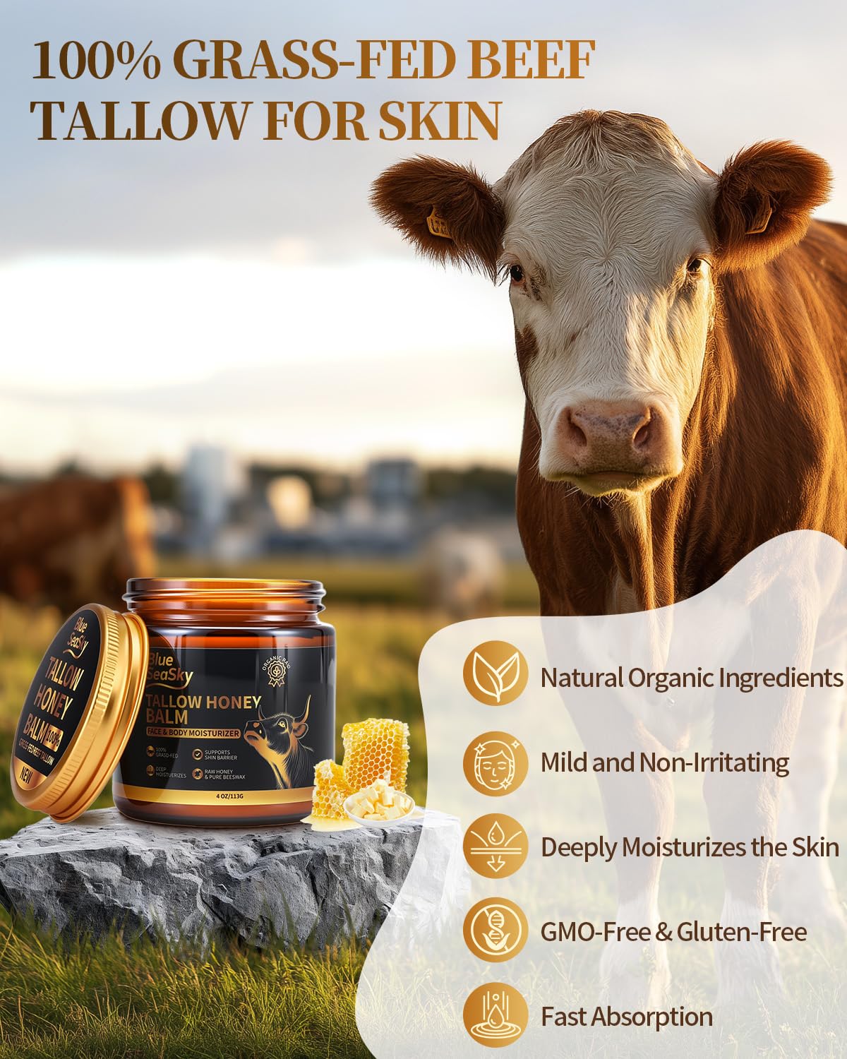 Whipped Beef Tallow for Skin Grass Fed Tallow Balm with Raw Honey,Unscented Face & Body Tallow Moisturizer for Dry Sensitive Skin,Eczema & Rosacea Relief,Non-Comedogenic,Fast Absorbing Skin Care(4oz)
