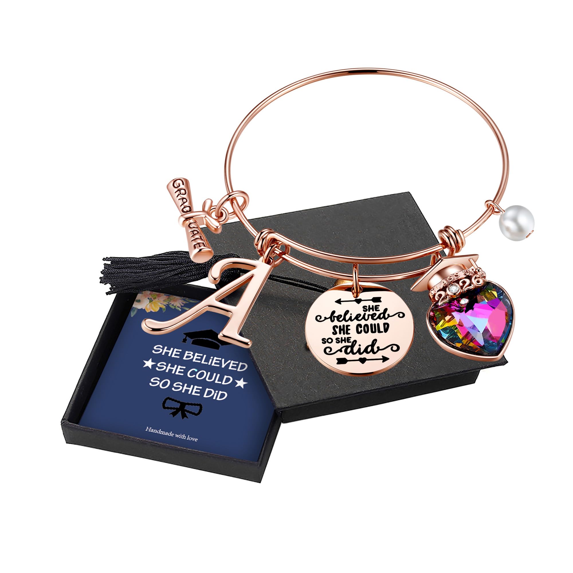 Yoosteel 2026 Graduation Gifts, Engraved Inspirational Initial Charm Bracelets She Believed She Could Bracelet College Graduation Gifts 2026 for Her Women