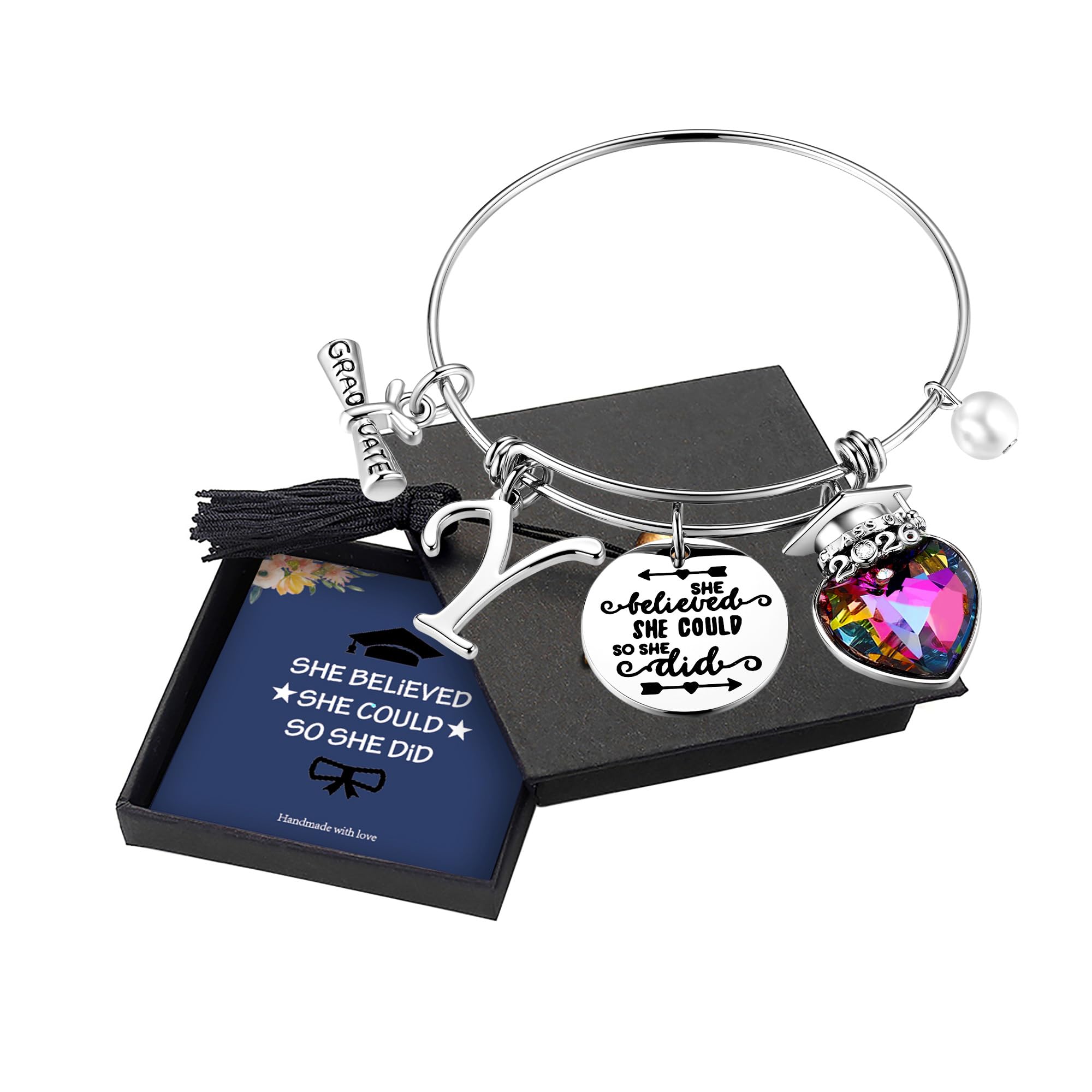 Yoosteel 2026 Graduation Gifts, Engraved Inspirational Initial Charm Bracelets She Believed She Could Bracelet College Graduation Gifts 2026 for Her Women