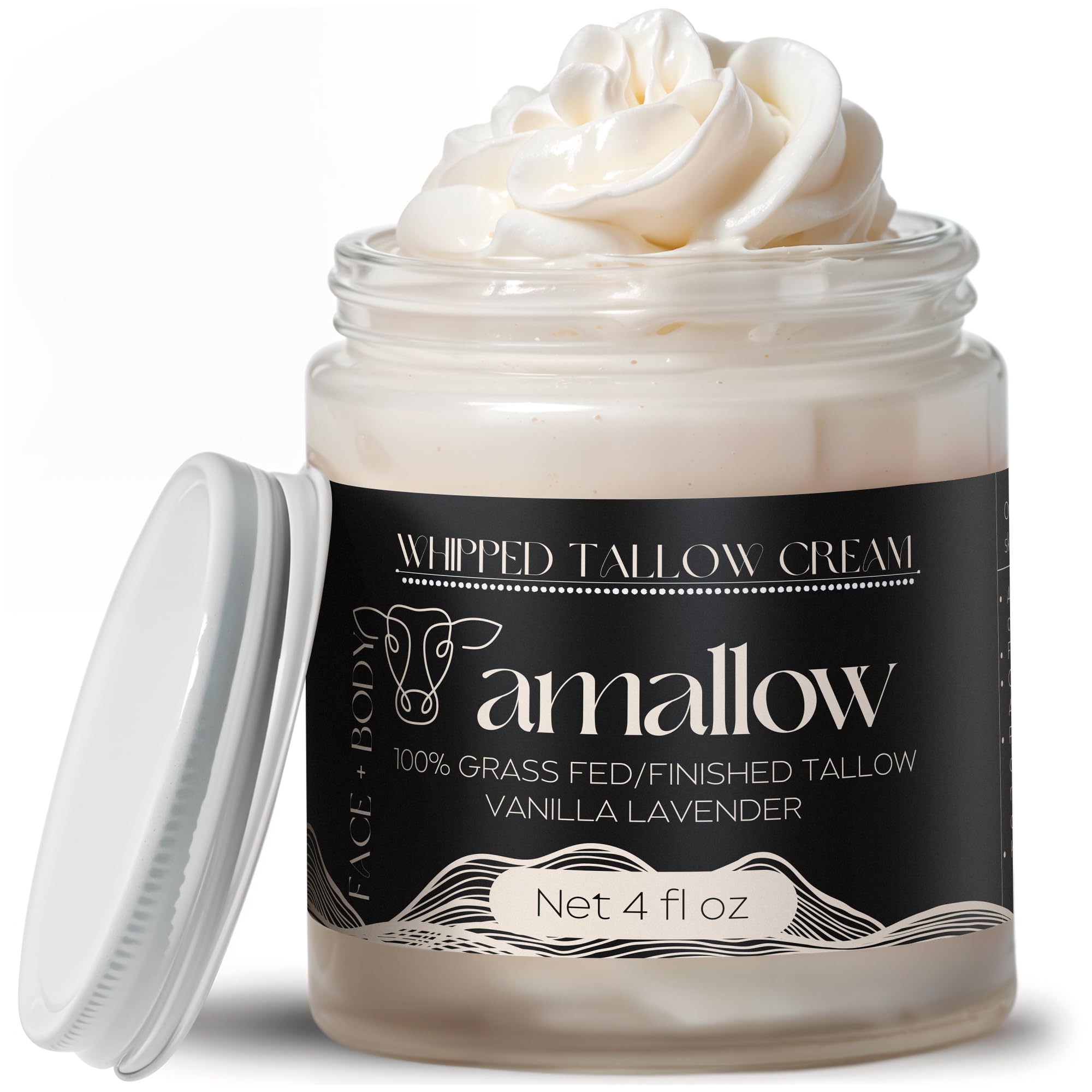 Amallow 100% Grass Fed Beef Tallow for Skin Care - Face + Body - Whipped Moisturizer - Natural Lotion, 4 FL. oz.