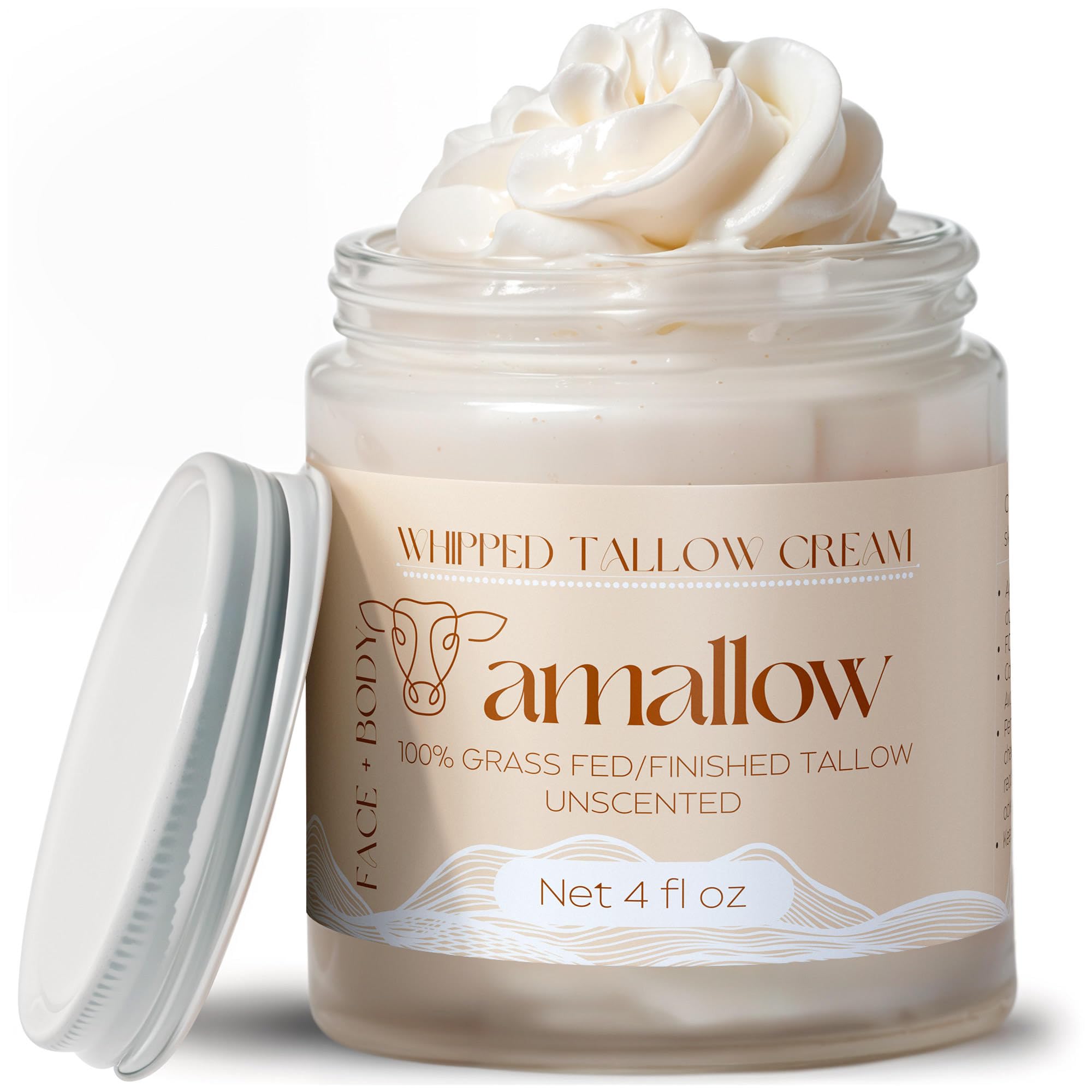 Amallow 100% Grass Fed Beef Tallow for Skin Care - Face + Body - Whipped Moisturizer - Natural Lotion, 4 FL. oz.