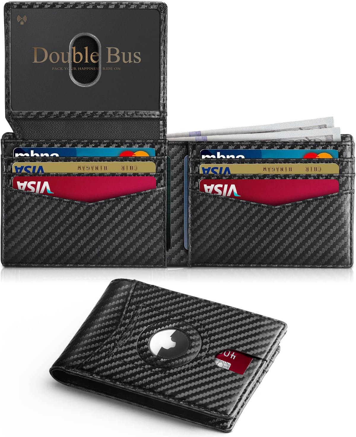Double Bus Wallet for Men Slim RFID Blocking Bifold Carbon Fiber,Minimalist Small Compact Front Pocket Credit Card Holder,Thin Mens Leather Wallets Smart Security With 2 ID windows 1 Cash