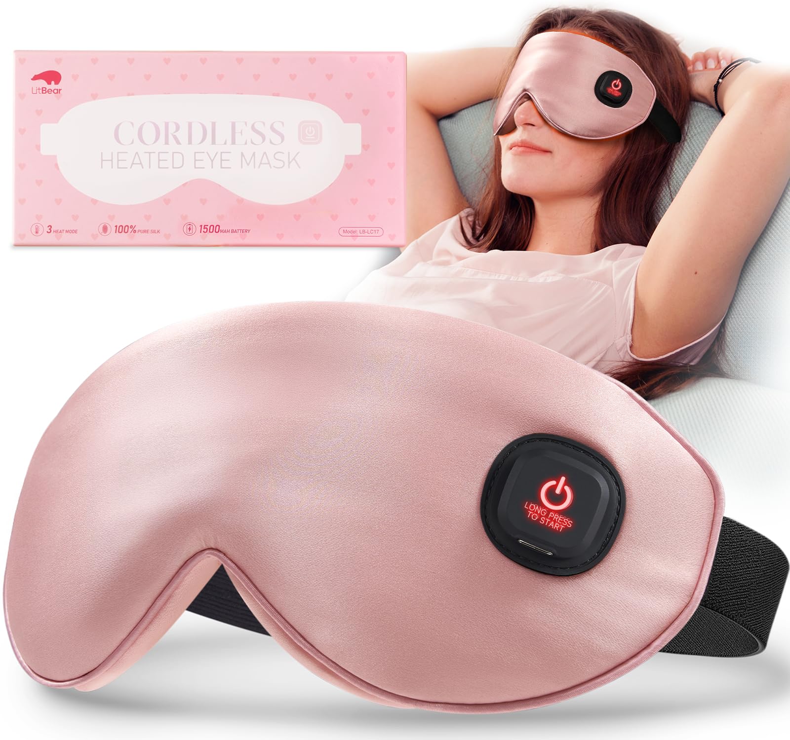 LitBear Heated Eye Mask, Silk Cordless Warm Eye Compress for Dry Eyes, Light Blocking Heat Eye Mask for Women Men, Soft Eye Heating Pad for Dry Eyes, Travel, Rechargeable, Washable Cover (Black)