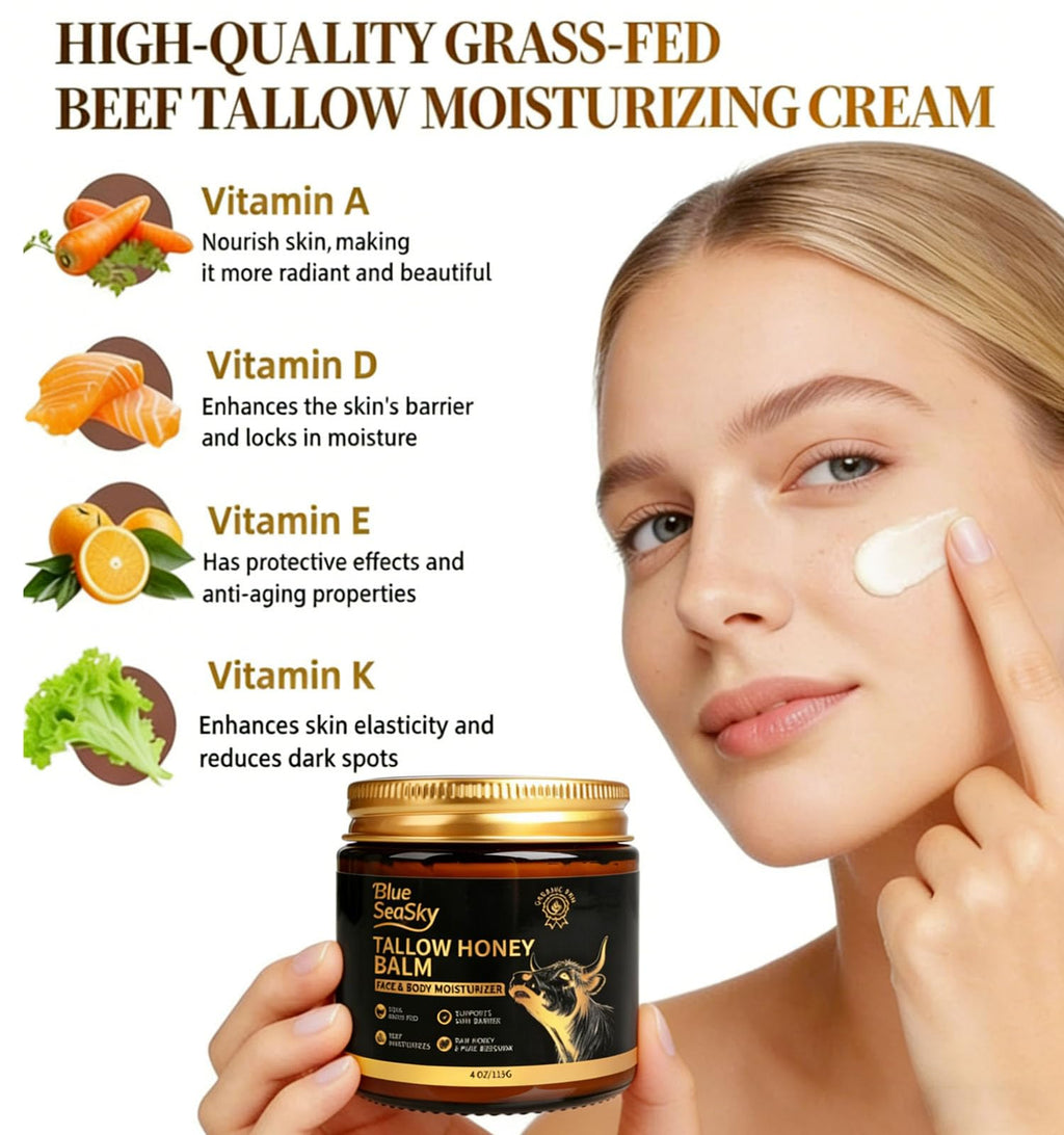 Whipped Beef Tallow for Skin Grass Fed Tallow Balm with Raw Honey,Unscented Face & Body Tallow Moisturizer for Dry Sensitive Skin,Eczema & Rosacea Relief,Non-Comedogenic,Fast Absorbing Skin Care(4oz)