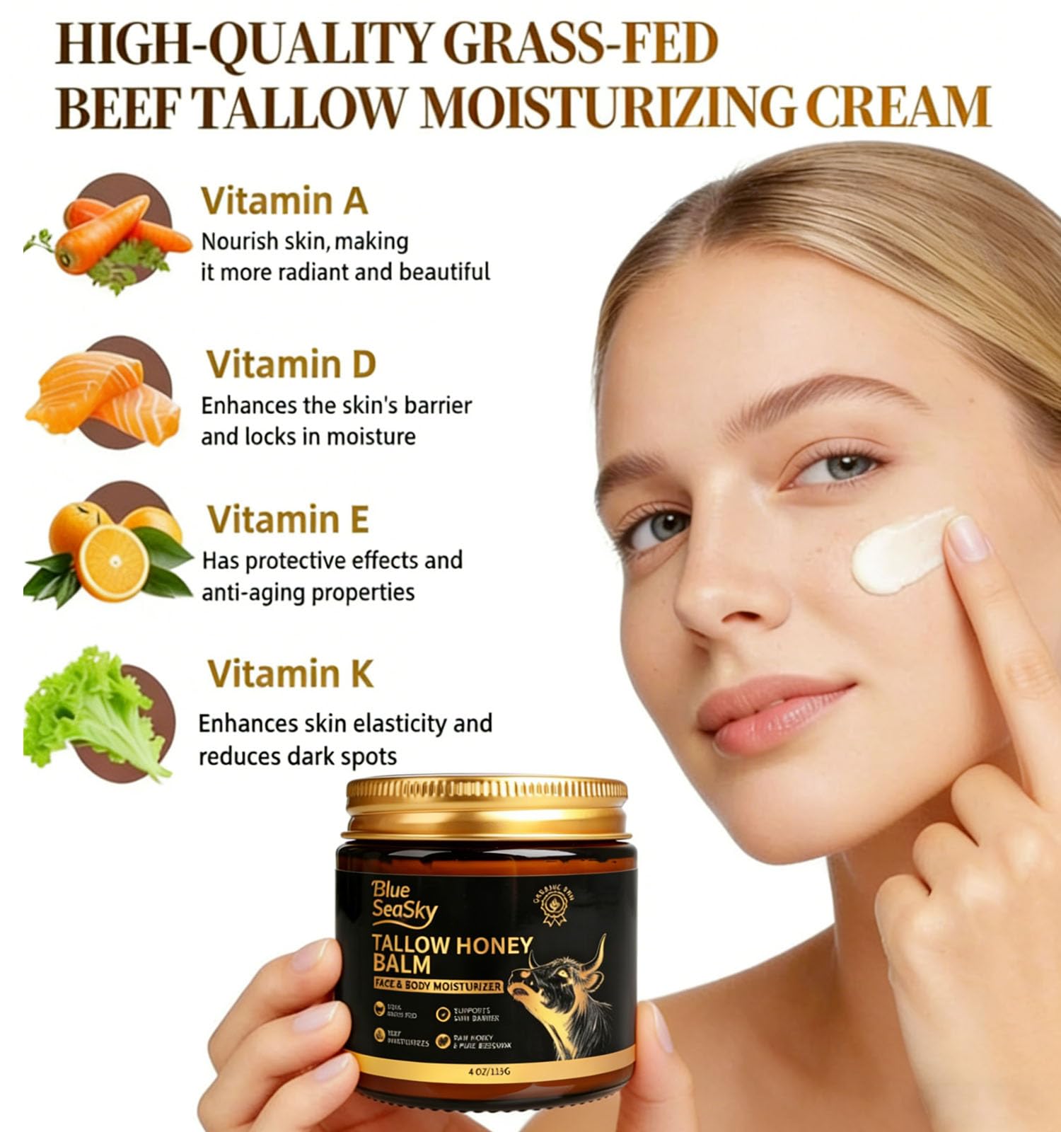 Whipped Beef Tallow for Skin Grass Fed Tallow Balm with Raw Honey,Unscented Face & Body Tallow Moisturizer for Dry Sensitive Skin,Eczema & Rosacea Relief,Non-Comedogenic,Fast Absorbing Skin Care(4oz)