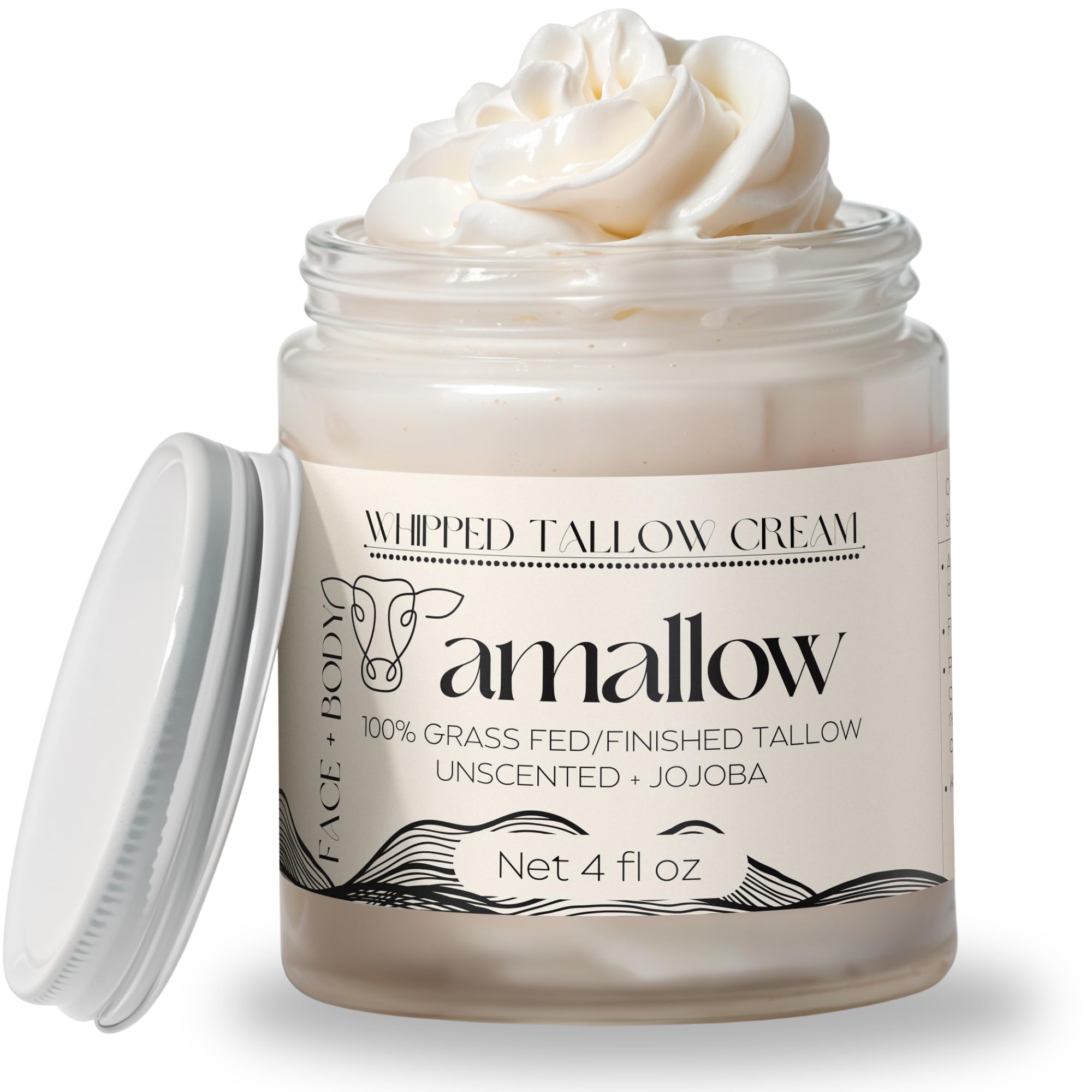 Amallow 100% Grass Fed Beef Tallow for Skin Care - Face + Body - Whipped Moisturizer - Natural Lotion, 4 FL. oz.