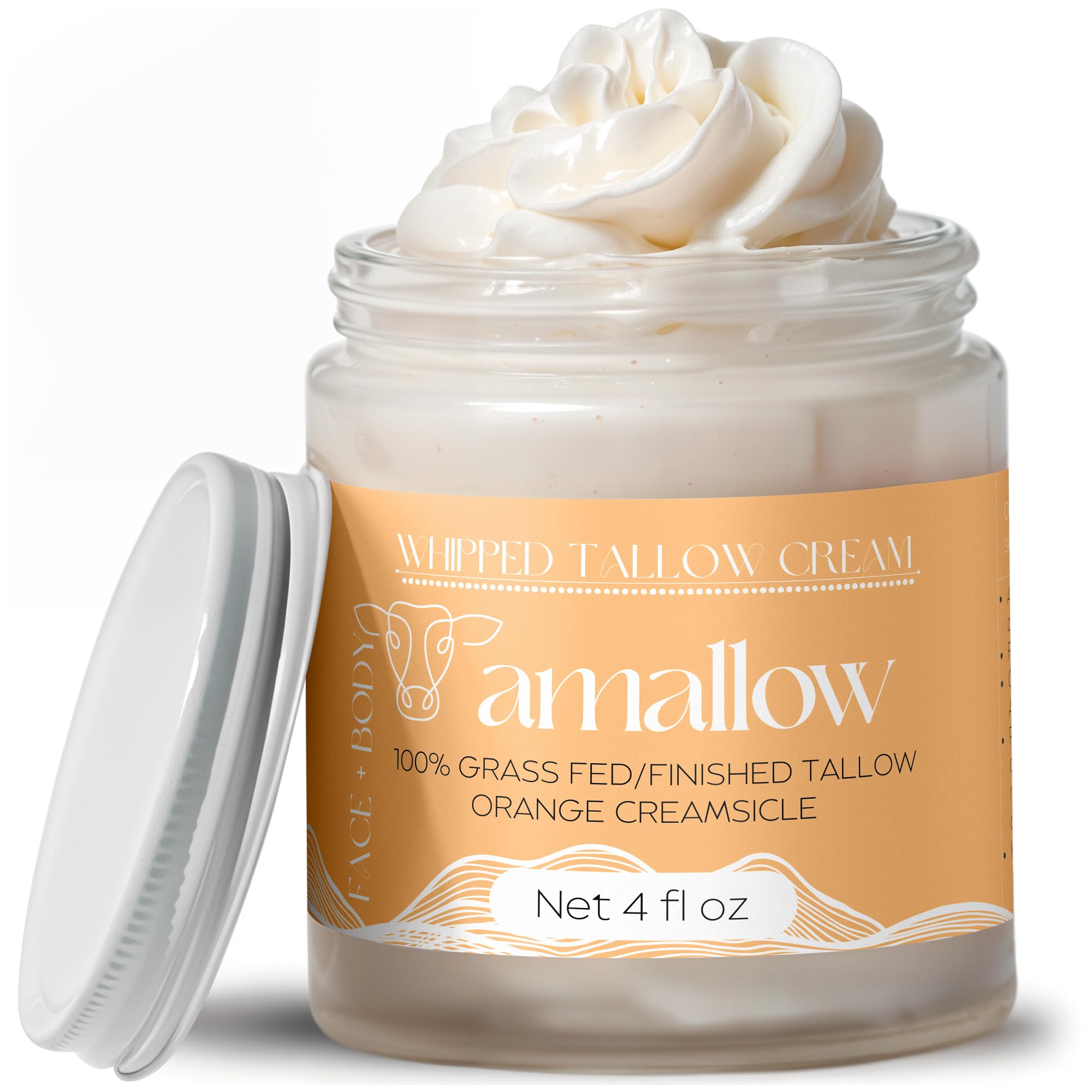 Amallow 100% Grass Fed Beef Tallow for Skin Care - Face + Body - Whipped Moisturizer - Natural Lotion, 4 FL. oz.