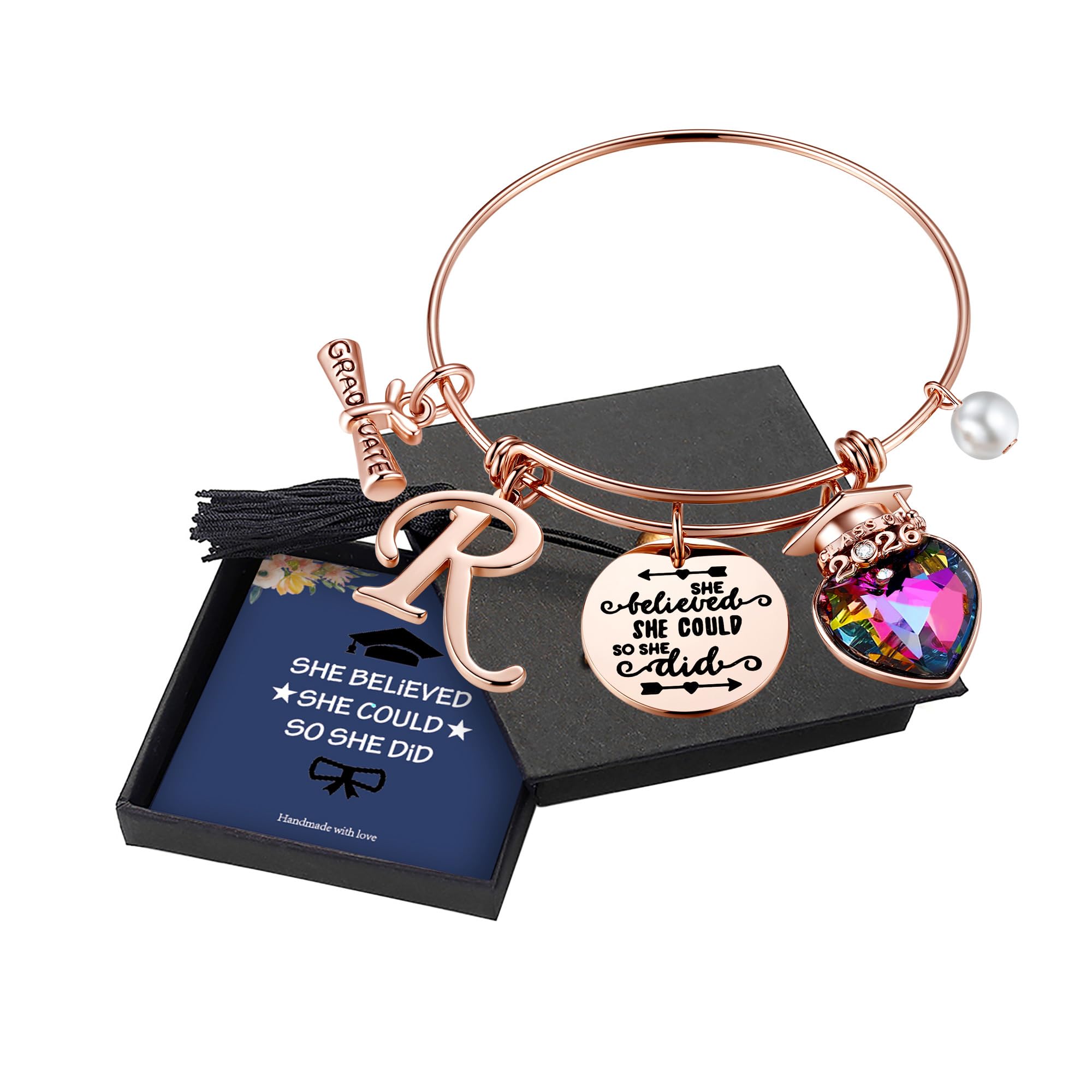 Yoosteel 2026 Graduation Gifts, Engraved Inspirational Initial Charm Bracelets She Believed She Could Bracelet College Graduation Gifts 2026 for Her Women