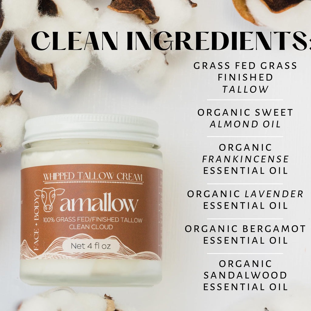 Amallow 100% Grass Fed Beef Tallow for Skin Care - Face + Body - Whipped Moisturizer - Natural Lotion, 4 FL. oz.