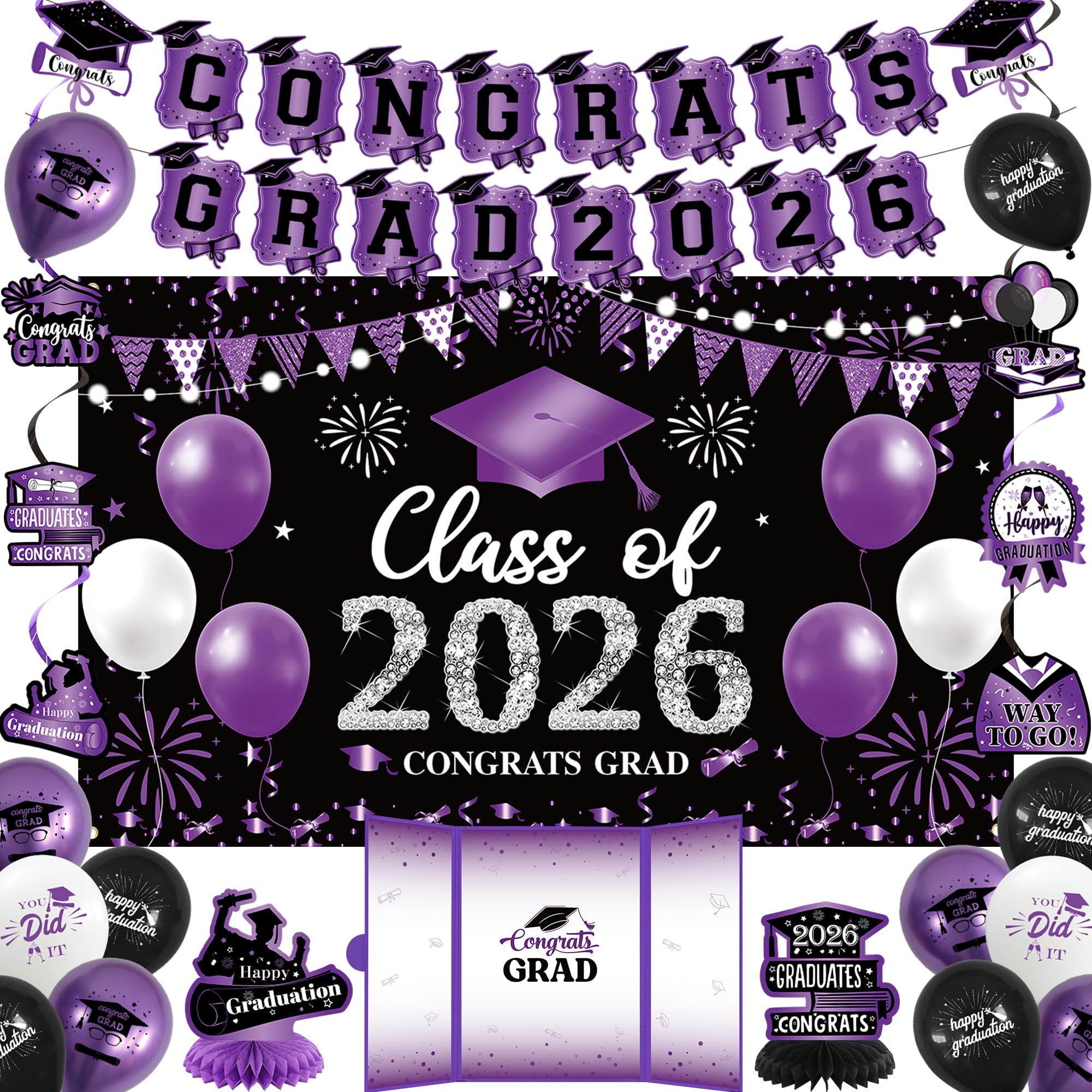 Vlipoeasn 2026 Graduation Party Decorations 2026 College/High School Graduation Decorations Party Supplies, Class of 2026 Congrats Grad Backdrop Banner Signature Book