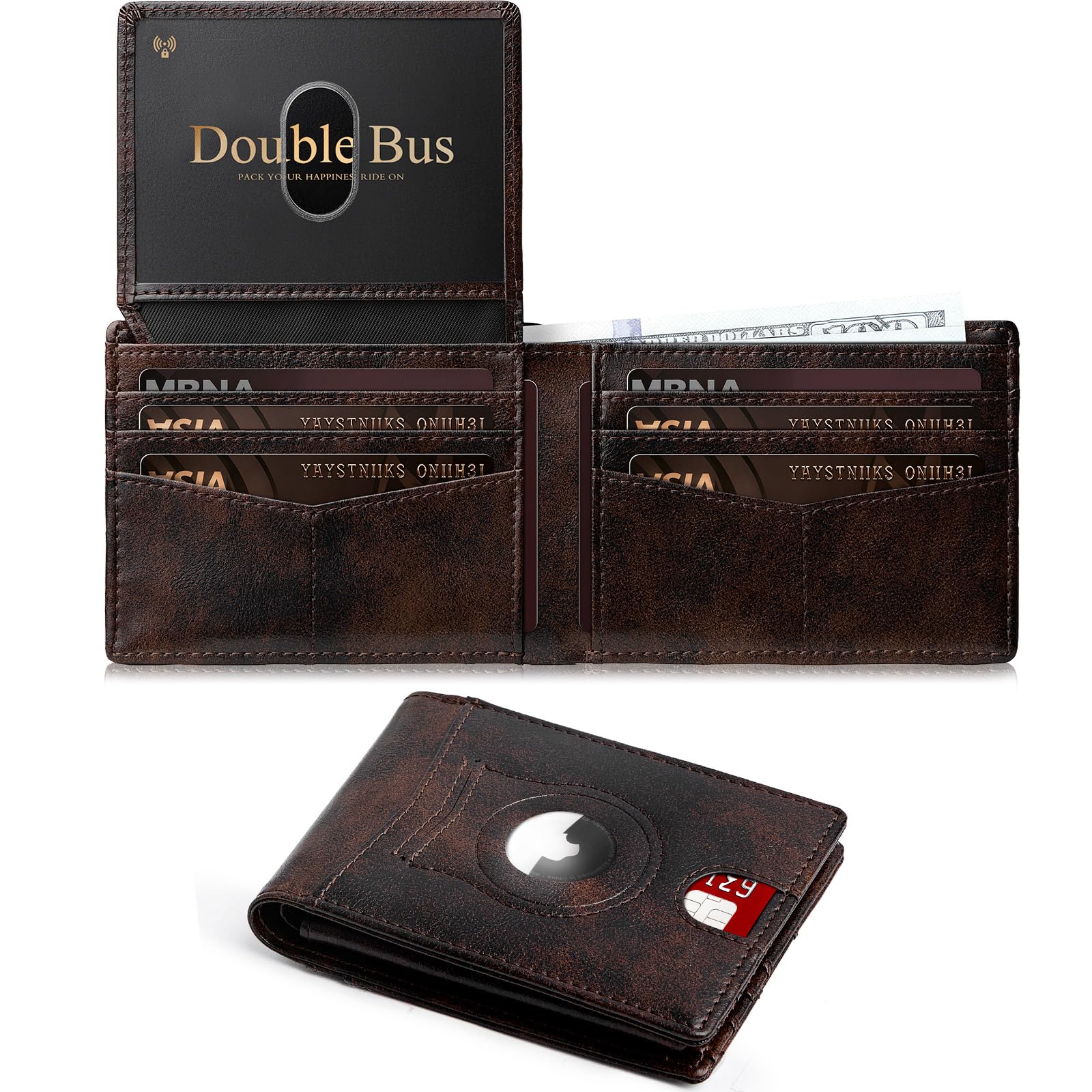 Double Bus Wallet for Men Slim RFID Blocking Bifold Carbon Fiber,Minimalist Small Compact Front Pocket Credit Card Holder,Thin Mens Leather Wallets Smart Security With 2 ID windows 1 Cash