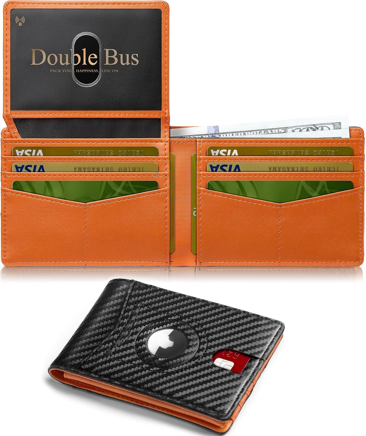 Double Bus Wallet for Men Slim RFID Blocking Bifold Carbon Fiber,Minimalist Small Compact Front Pocket Credit Card Holder,Thin Mens Leather Wallets Smart Security With 2 ID windows 1 Cash