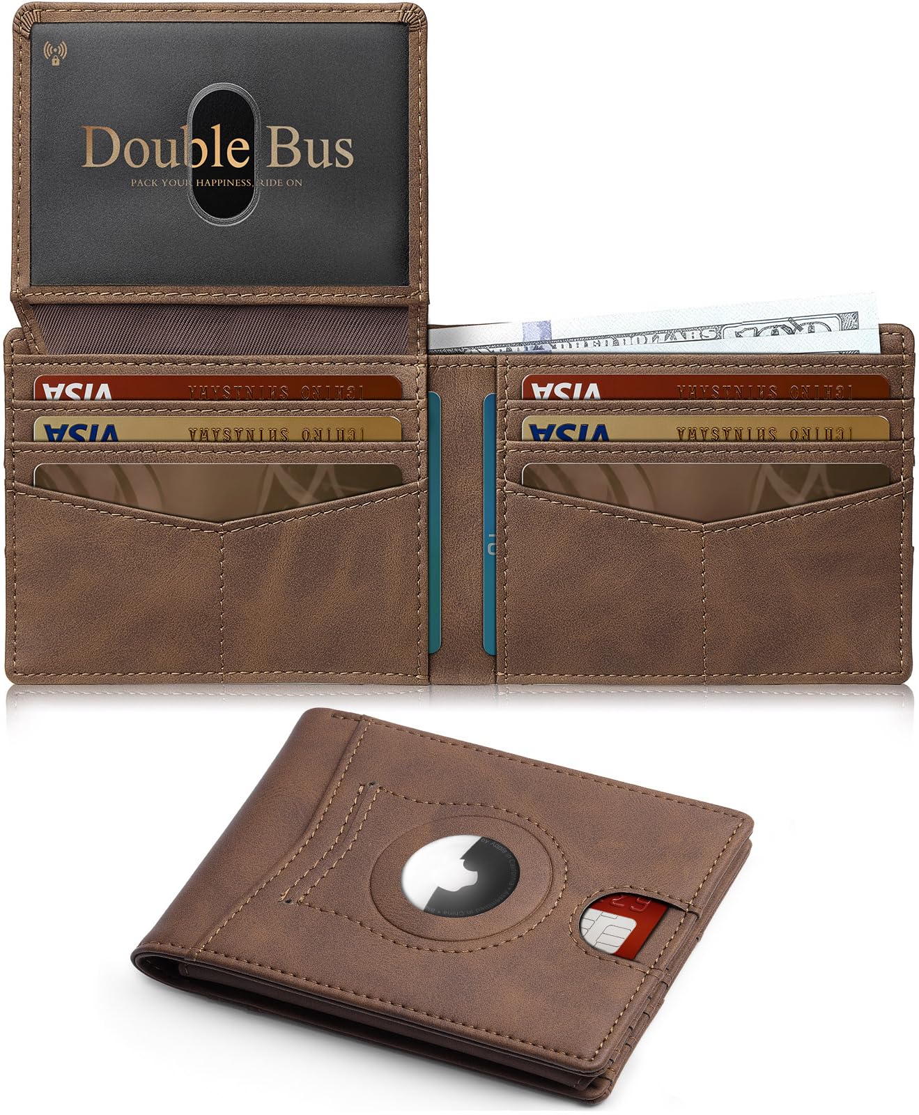 Double Bus Wallet for Men Slim RFID Blocking Bifold Carbon Fiber,Minimalist Small Compact Front Pocket Credit Card Holder,Thin Mens Leather Wallets Smart Security With 2 ID windows 1 Cash