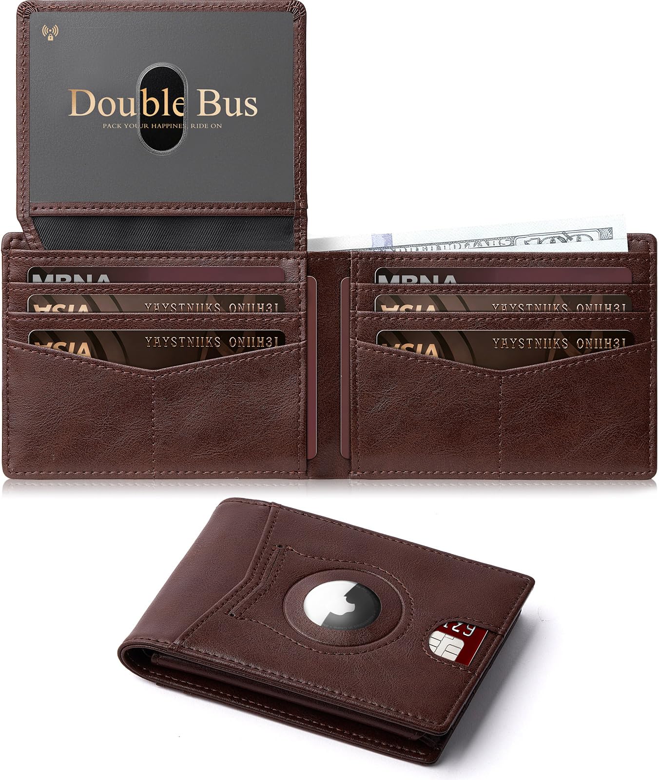Double Bus Wallet for Men Slim RFID Blocking Bifold Carbon Fiber,Minimalist Small Compact Front Pocket Credit Card Holder,Thin Mens Leather Wallets Smart Security With 2 ID windows 1 Cash
