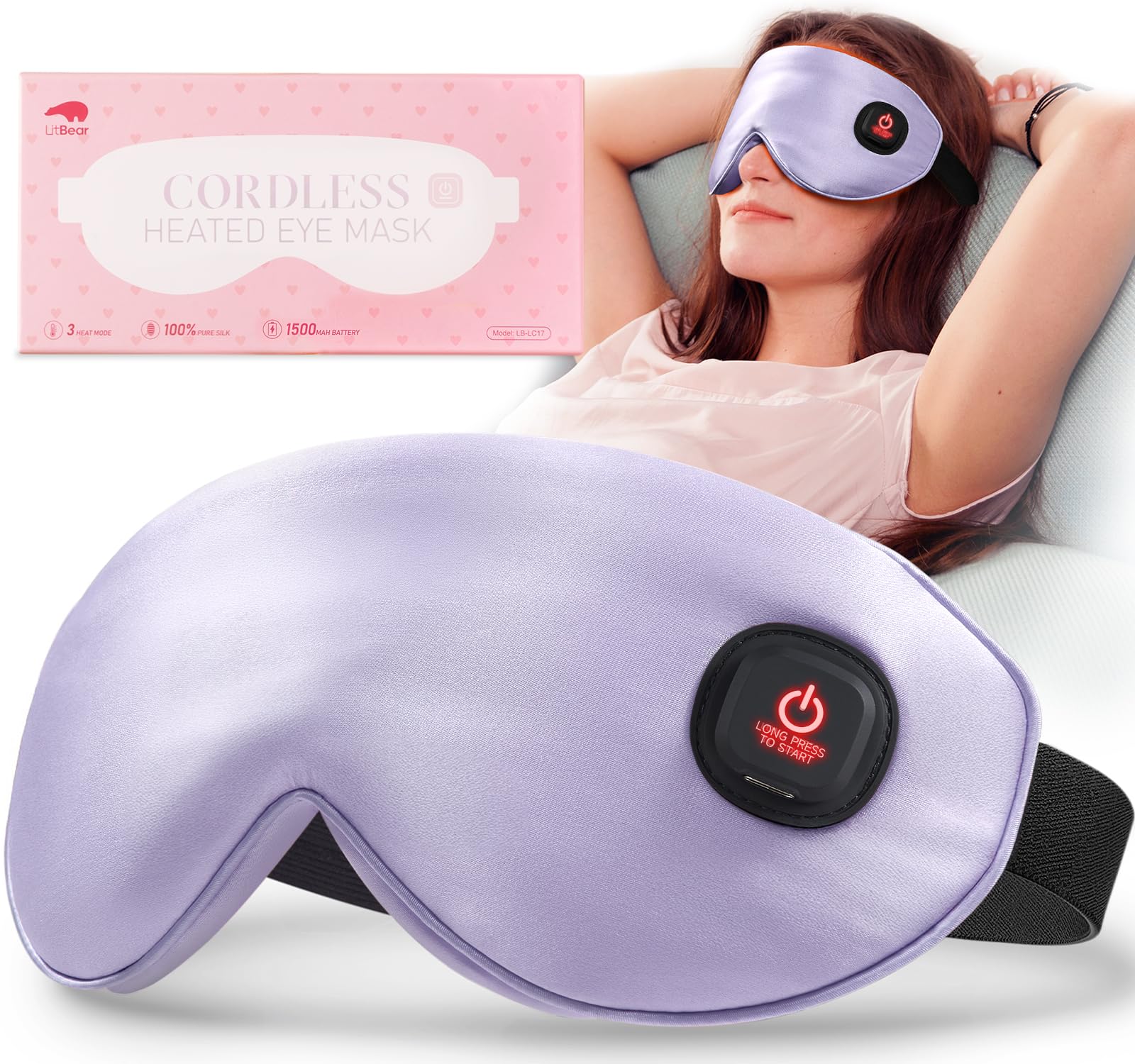 LitBear Heated Eye Mask, Silk Cordless Warm Eye Compress for Dry Eyes, Light Blocking Heat Eye Mask for Women Men, Soft Eye Heating Pad for Dry Eyes, Travel, Rechargeable, Washable Cover (Black)