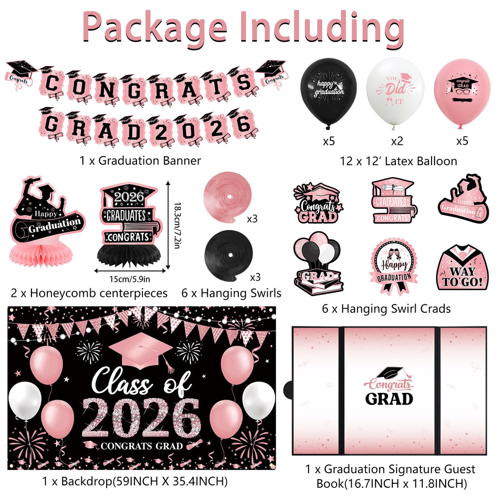 Vlipoeasn 2026 Graduation Party Decorations 2026 College/High School Graduation Decorations Party Supplies, Class of 2026 Congrats Grad Backdrop Banner Signature Book