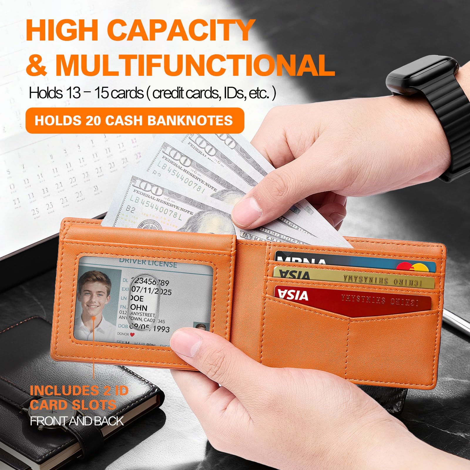Double Bus Wallet for Men Slim RFID Blocking Bifold Carbon Fiber,Minimalist Small Compact Front Pocket Credit Card Holder,Thin Mens Leather Wallets Smart Security With 2 ID windows 1 Cash