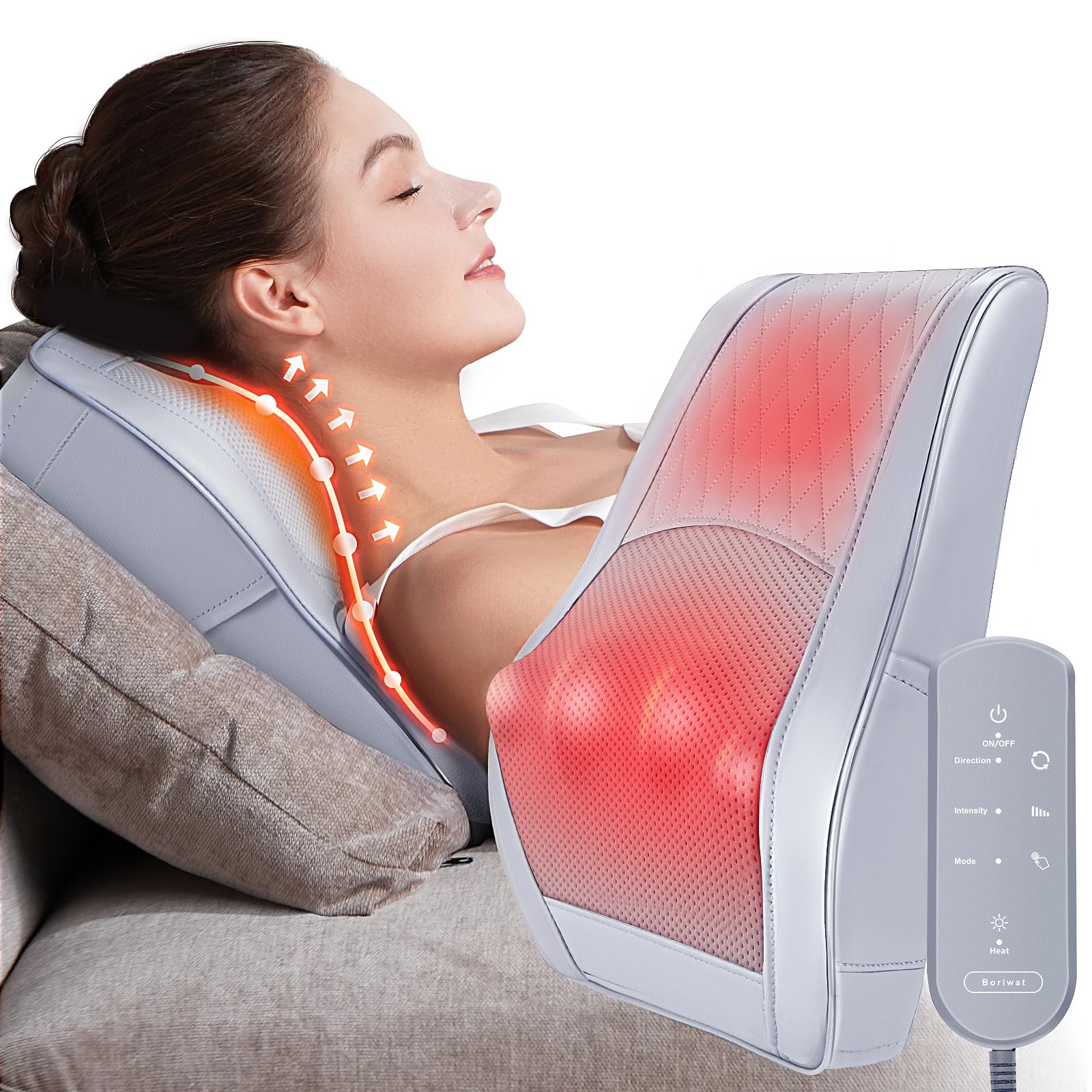 Boriwat Back Massager with Heat, 3D Kneading Massage Pillow for Back, Neck, Shoulder, Leg Pain Relief Deep Tissue, Gifts for Women Men Mom Dad