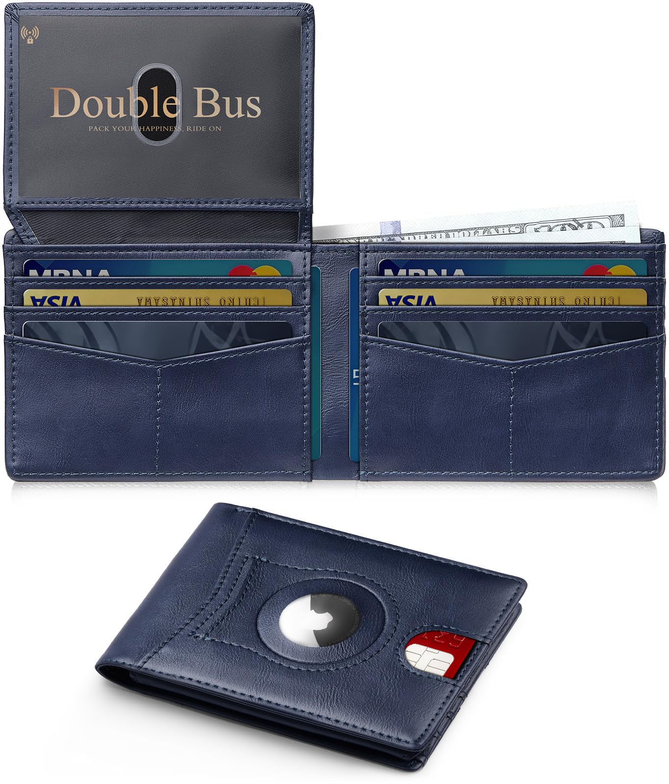 Double Bus Wallet for Men Slim RFID Blocking Bifold Carbon Fiber,Minimalist Small Compact Front Pocket Credit Card Holder,Thin Mens Leather Wallets Smart Security With 2 ID windows 1 Cash