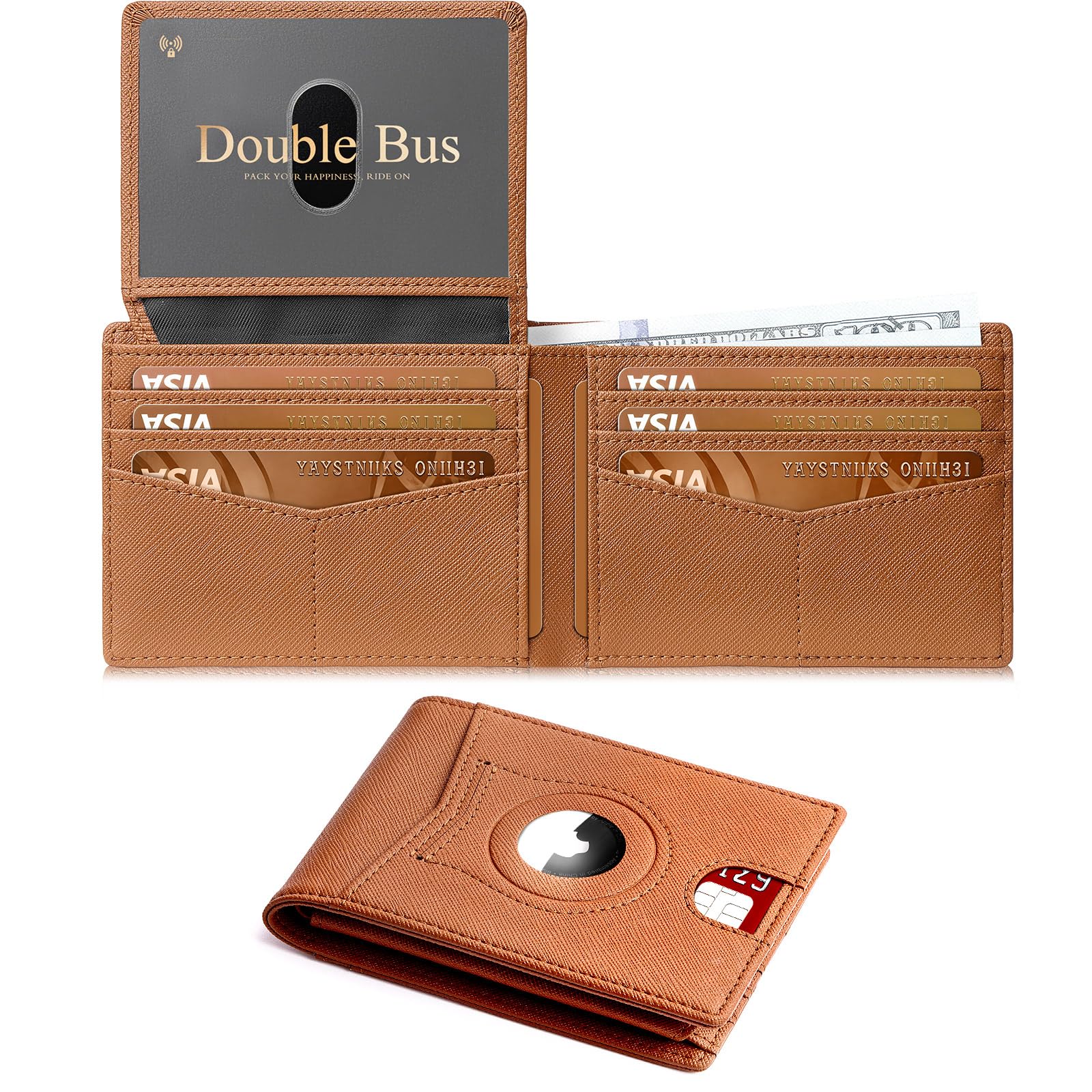 Double Bus Wallet for Men Slim RFID Blocking Bifold Carbon Fiber,Minimalist Small Compact Front Pocket Credit Card Holder,Thin Mens Leather Wallets Smart Security With 2 ID windows 1 Cash