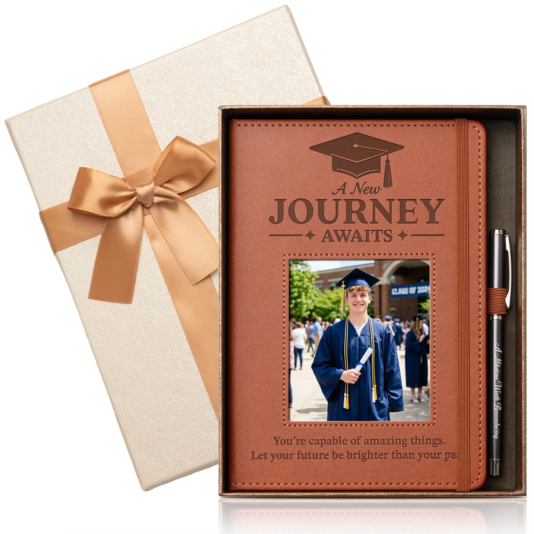 Engraved Leather Journal Graduation Gifts for Her Him, 200 Pages Refillable Journal with Photo Cover & Built-in Pocket & Pen, 2026 High School College Masters Degree Phd Nurse Inspirational Congratulations Gifts
