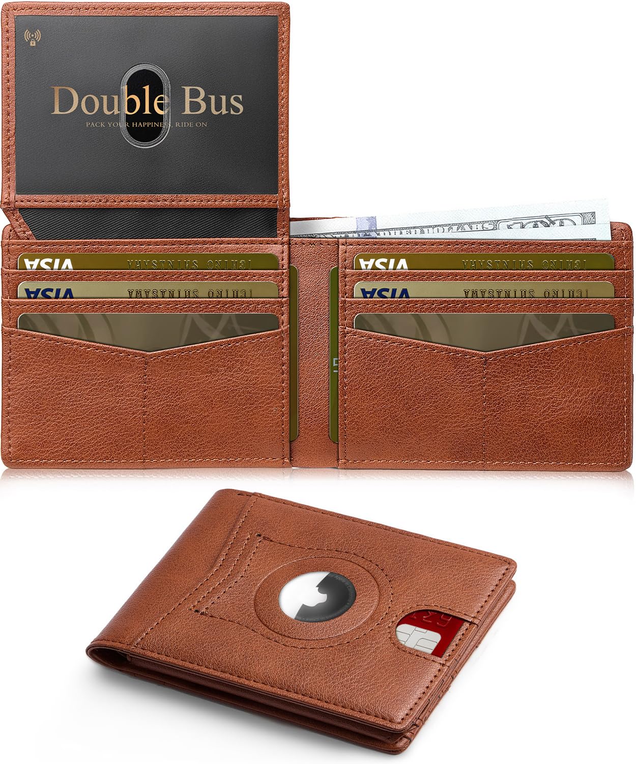 Double Bus Wallet for Men Slim RFID Blocking Bifold Carbon Fiber,Minimalist Small Compact Front Pocket Credit Card Holder,Thin Mens Leather Wallets Smart Security With 2 ID windows 1 Cash