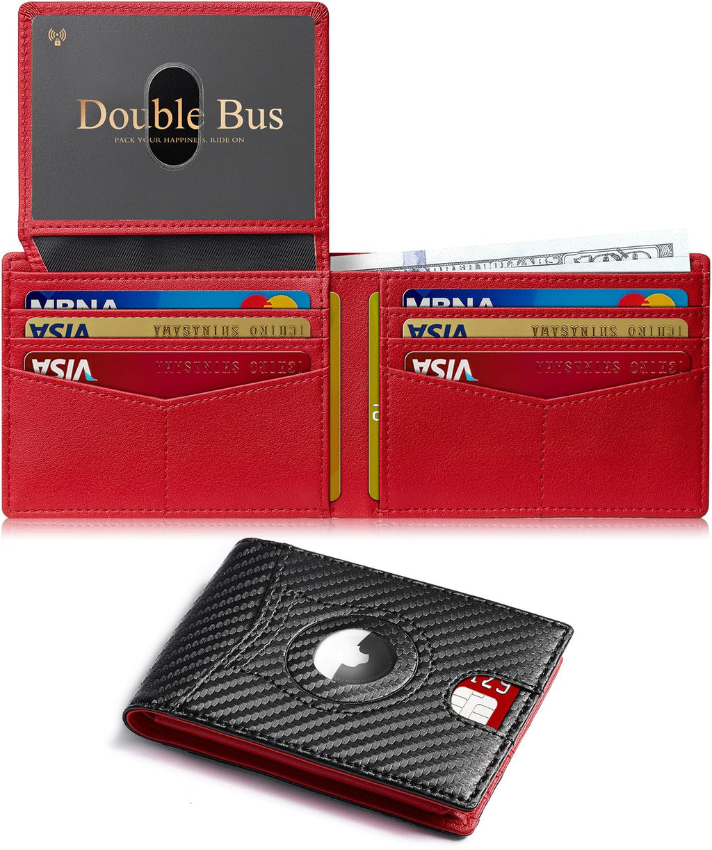 Double Bus Wallet for Men Slim RFID Blocking Bifold Carbon Fiber,Minimalist Small Compact Front Pocket Credit Card Holder,Thin Mens Leather Wallets Smart Security With 2 ID windows 1 Cash