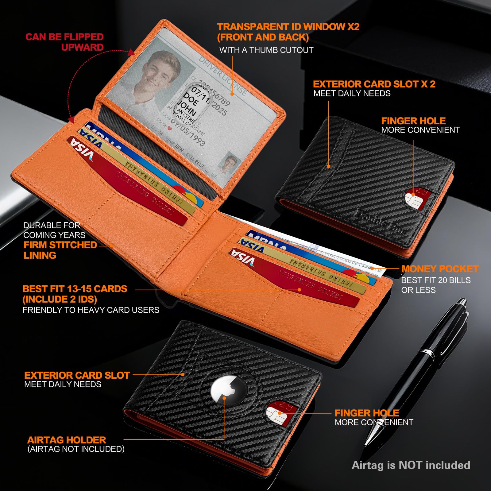Double Bus Wallet for Men Slim RFID Blocking Bifold Carbon Fiber,Minimalist Small Compact Front Pocket Credit Card Holder,Thin Mens Leather Wallets Smart Security With 2 ID windows 1 Cash