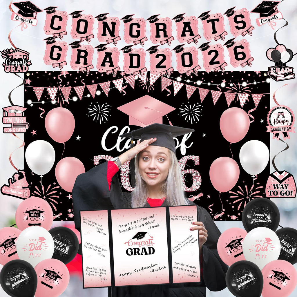 Vlipoeasn 2026 Graduation Party Decorations 2026 College/High School Graduation Decorations Party Supplies, Class of 2026 Congrats Grad Backdrop Banner Signature Book
