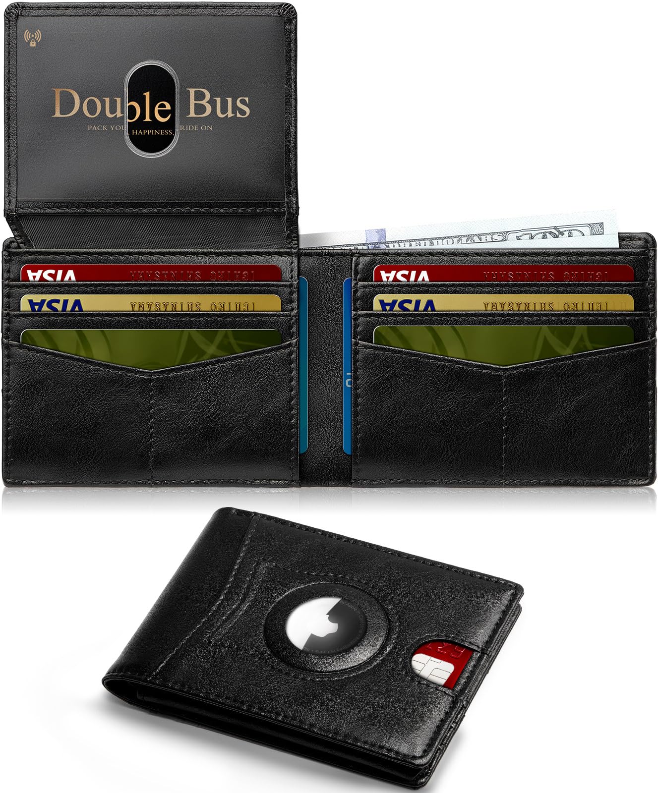 Double Bus Wallet for Men Slim RFID Blocking Bifold Carbon Fiber,Minimalist Small Compact Front Pocket Credit Card Holder,Thin Mens Leather Wallets Smart Security With 2 ID windows 1 Cash