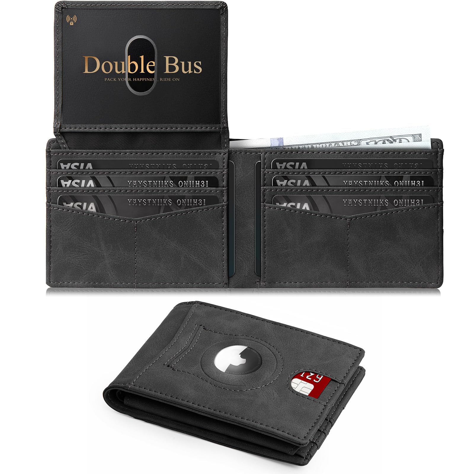 Double Bus Wallet for Men Slim RFID Blocking Bifold Carbon Fiber,Minimalist Small Compact Front Pocket Credit Card Holder,Thin Mens Leather Wallets Smart Security With 2 ID windows 1 Cash