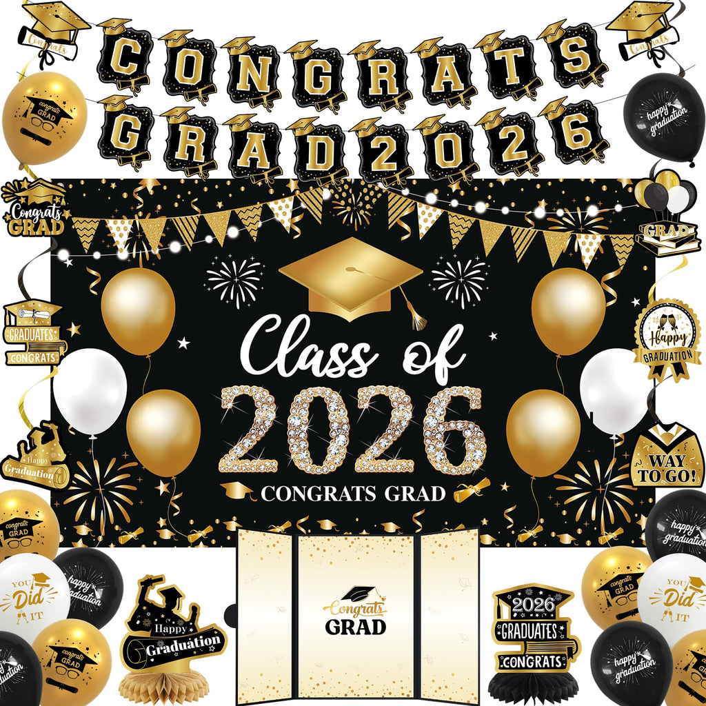 Vlipoeasn 2026 Graduation Party Decorations 2026 College/High School Graduation Decorations Party Supplies, Class of 2026 Congrats Grad Backdrop Banner Signature Book