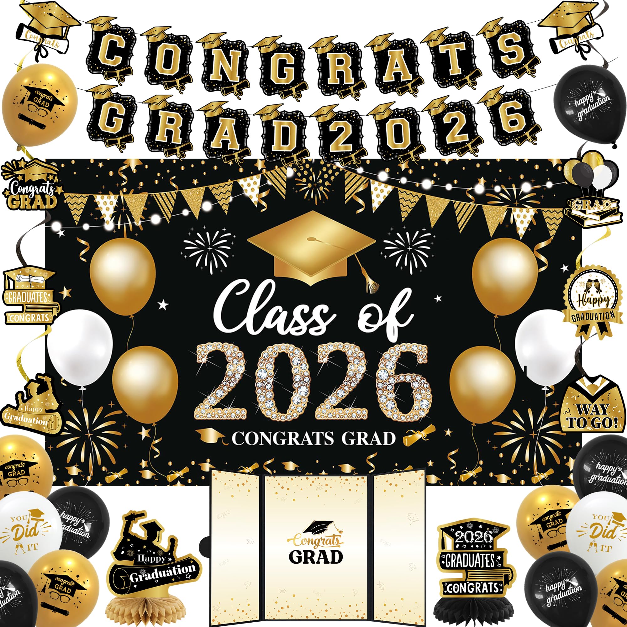 Vlipoeasn 2026 Graduation Party Decorations 2026 College/High School Graduation Decorations Party Supplies, Class of 2026 Congrats Grad Backdrop Banner Signature Book